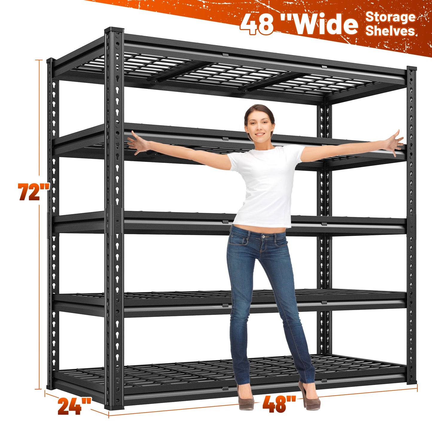 REIBII 48" W Garage Shelving 3000LBS Heavy Duty Storage Shelves, 5 Tier Adjustable Metal Shelves for Storage Rack Industrial Utility Shelf, Garage Storage Shelving Unit, 48" W x 24" D x 72" H