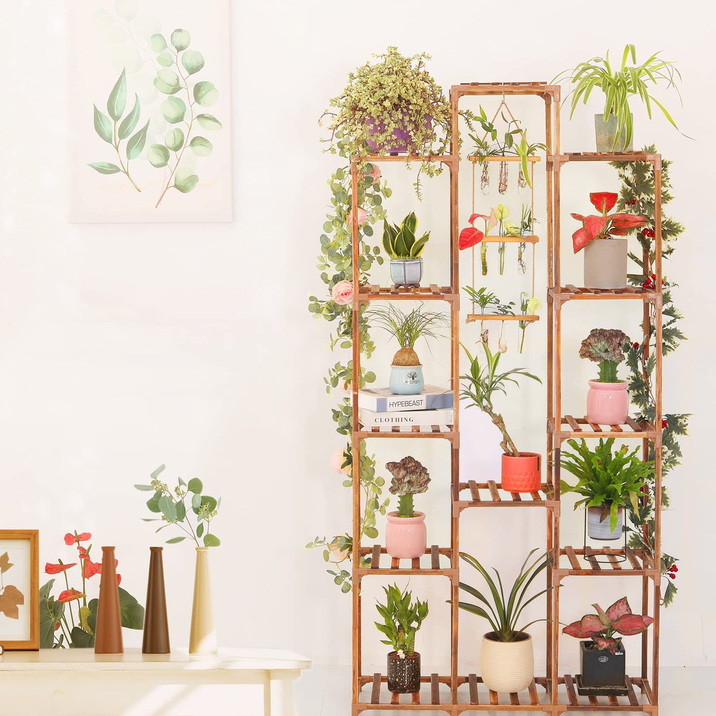 XXXFLOWER Wall Hanging Propagation Station with Wooden Stand Glass Test Tubes Plant Stand Indoor Outdoor 13 Tiers Wood Plant Shelf for Multiple Plants for Window Garden Balcony Patio Porch Living Roo