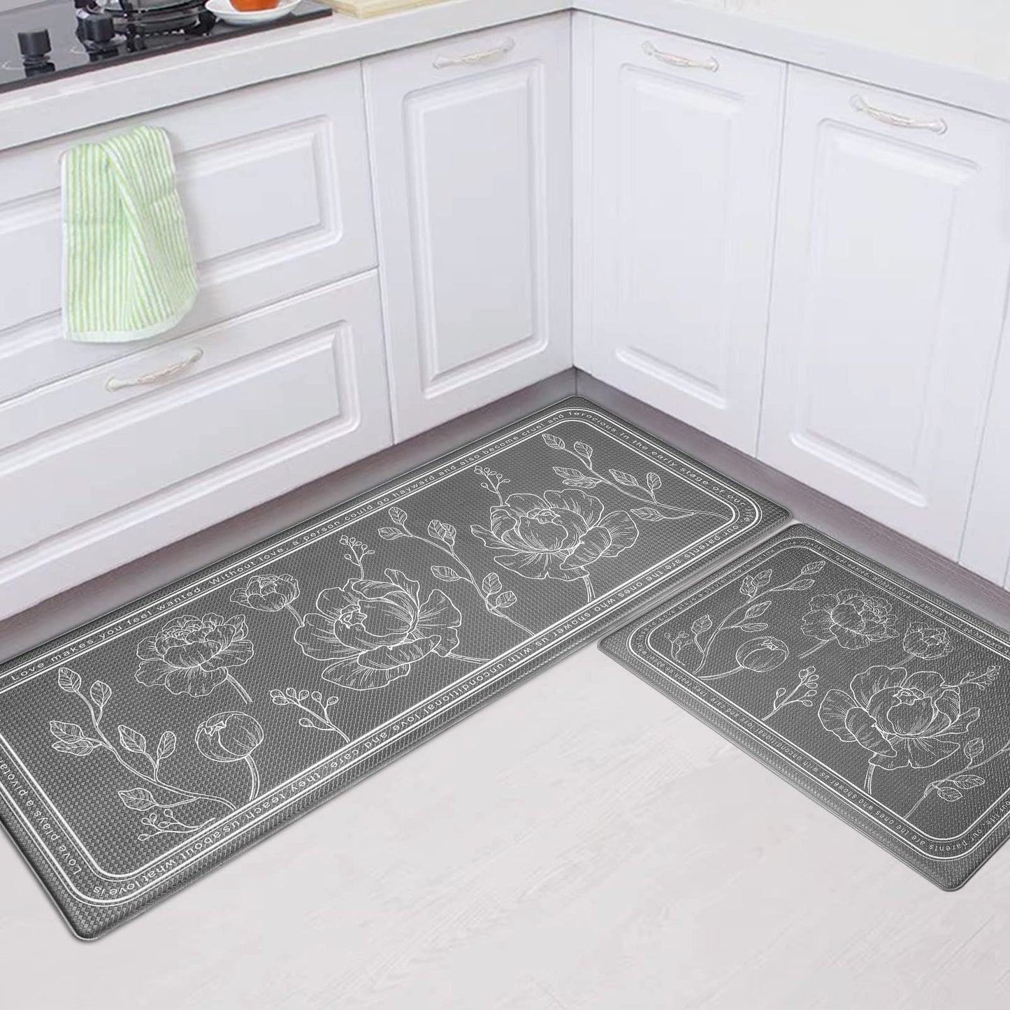 ROTTOGOON Kitchen Floor Mat Set of 2, Cushioned Anti Fatigue Kitchen Mat 17"x47"+17"x29", Non-Slip Waterproof Kitchen Rug, Premium PVC Comfort Kitchen Mats and Rugs for Kitchen, Office, Home, Laundry