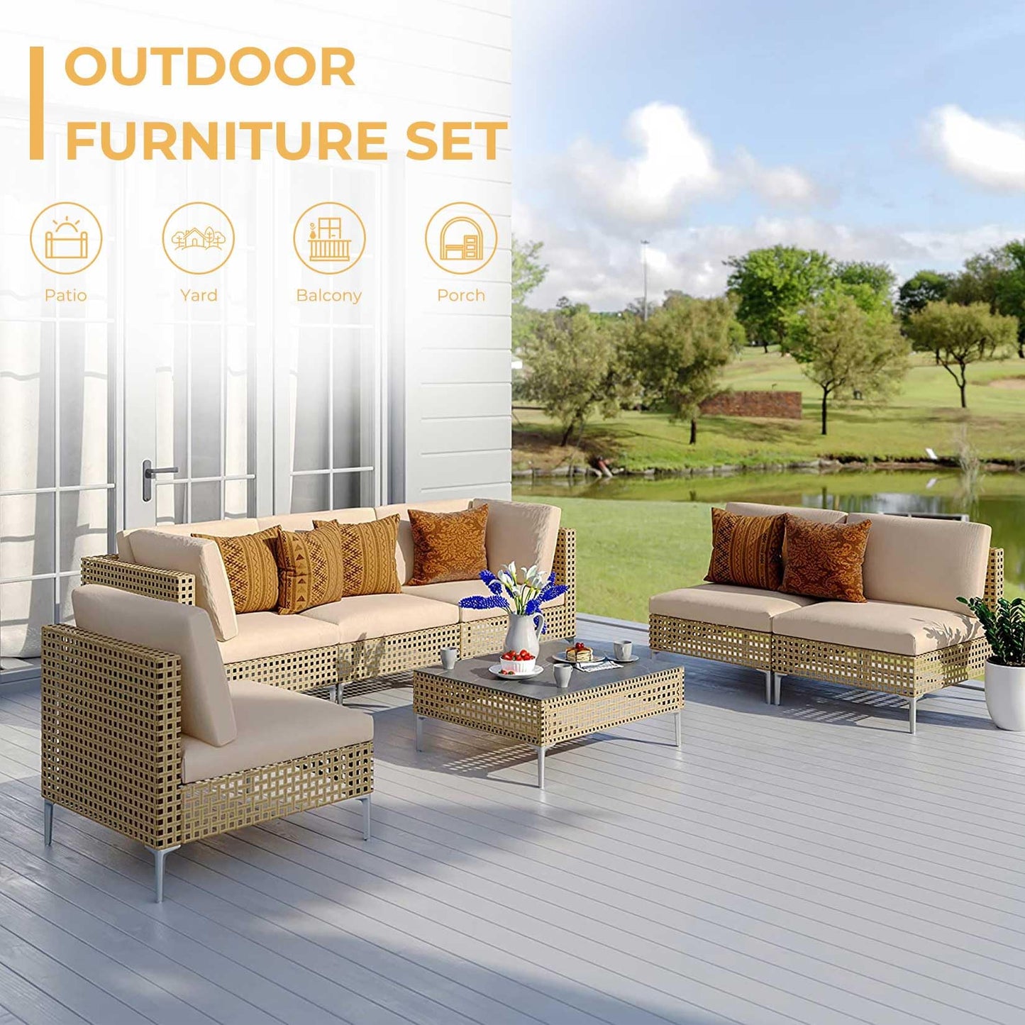 Grand patio 7-Piece Wicker Patio Furniture Set, Boho Outdoor Conversation Set Sectional Sofa with Water Resistant Thick Cushions and Coffee Table, Beige