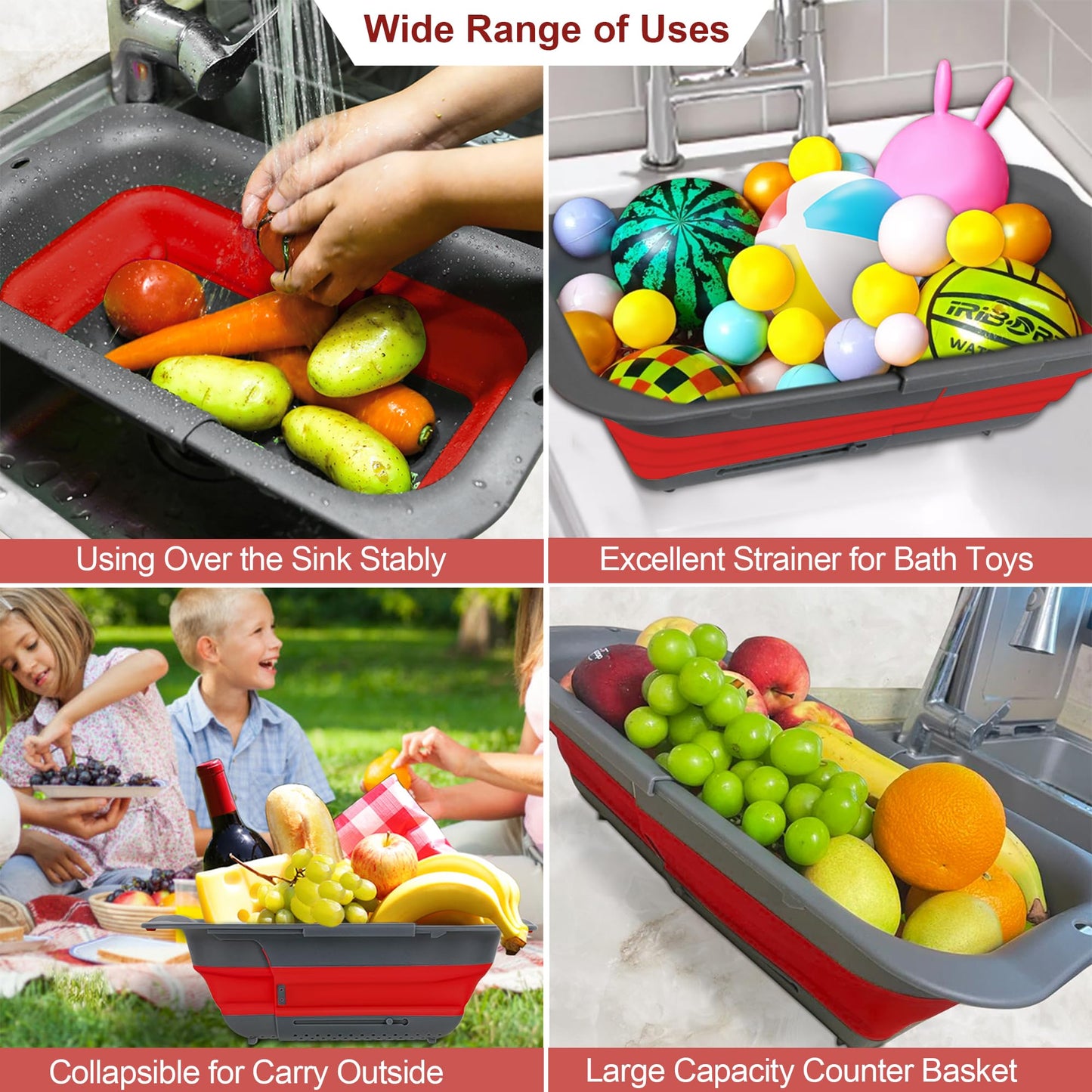 ROTTOGOON Collapsible Colander Strainer, Expandable Over the Sink Colander for Kitchen, Adjustable Silicone Sink Strainer, Foldable Large Colander Basket to Wash Vegetable, Fruit, 15" to 19.8", Gray