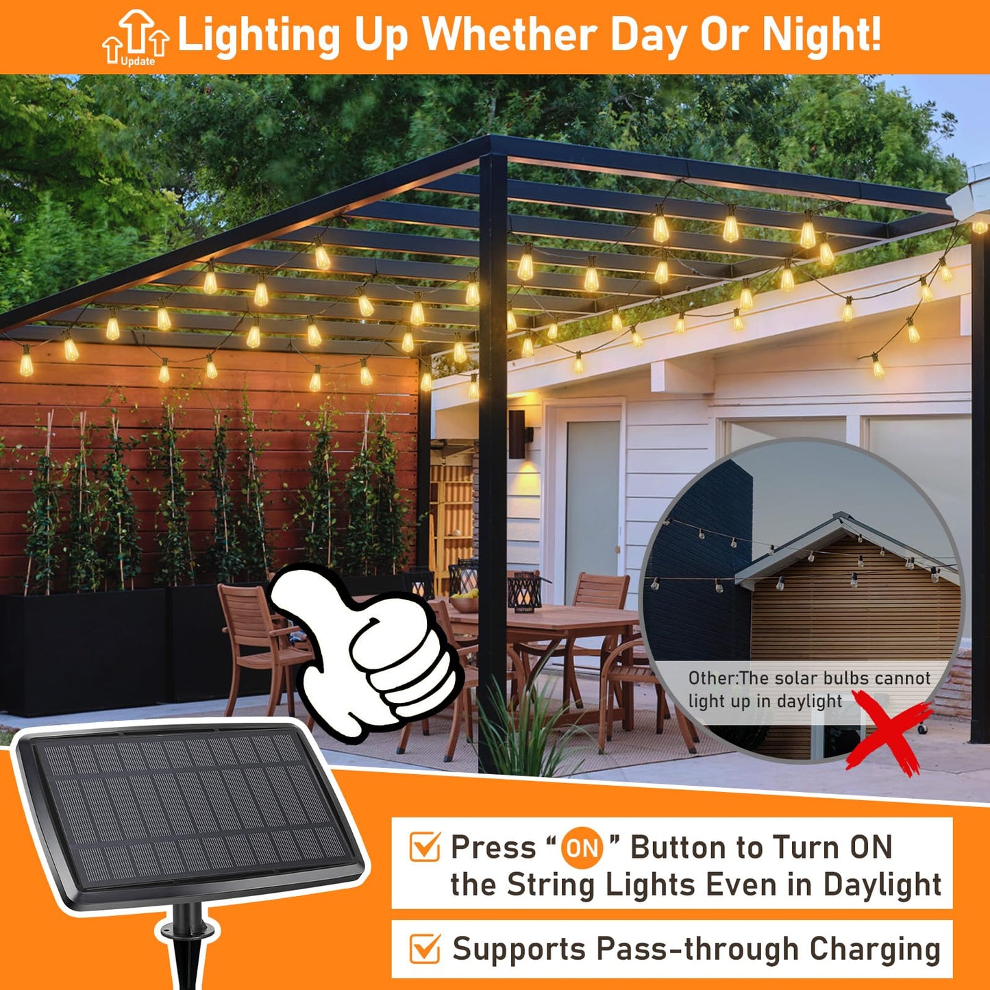 Solar Outdoor String Lights Waterproof, 100FT Solar Powered String Lights for Outside with 52 Shatterproof Bulbs, Dimmable ST38 LED Lights String, Patio Hanging Lights for Backyard Garden Party