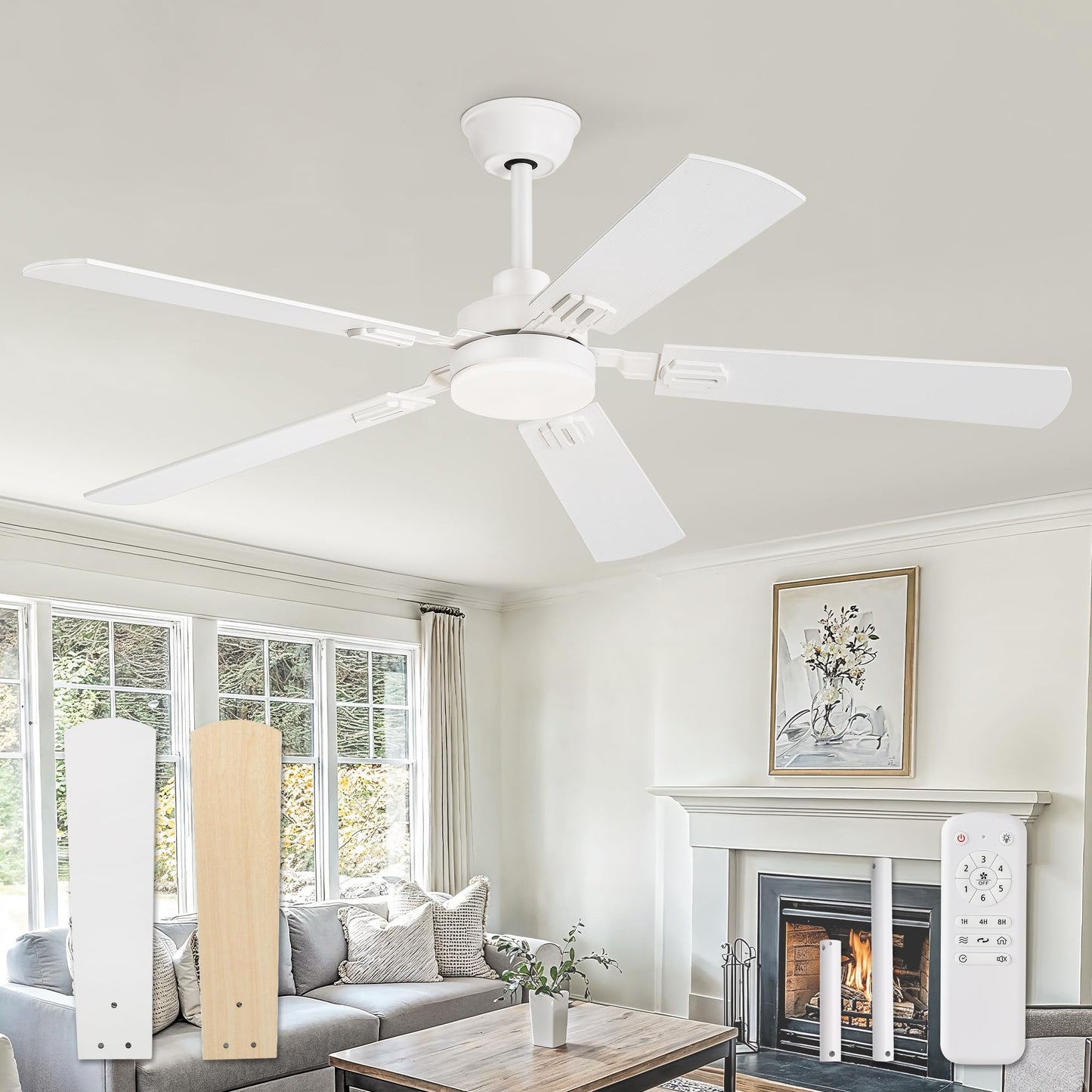 52" Ceiling Fans with Lights, Black Modern Ceiling Fan with Remote, Farmhouse Indoor Ceiling Fan with Dual Finish Blades, Quiet & Strong Motor, Bright LED Light.