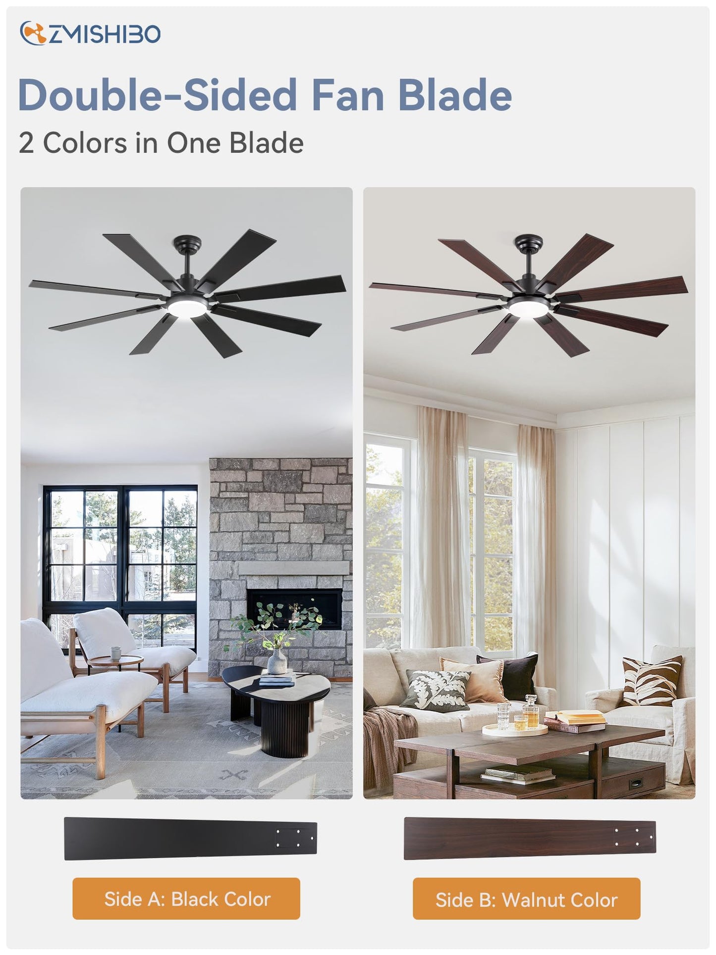 72 inch Large Ceiling Fans with Lights and Remote, Indoor/Outdoor Black Modern Ceiling Fan for Kitchen Living Room Patio, 6 Speed Reversible Quiet DC Motor, 3 CCT, Dual Finish 8 Blades