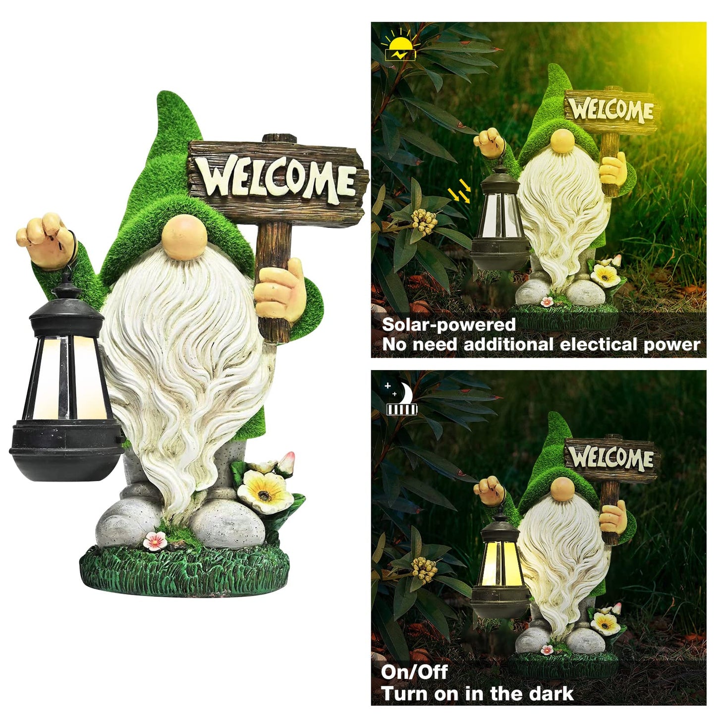 XXXFLOWER Solar Garden Statue,Creative Gnome Garden Statue Outdoor Lawn Decoration, Ornament Housewarming Garden Gift for Patio, Balcony, Yard, Lawn Ornament（Gnome with Lamp）