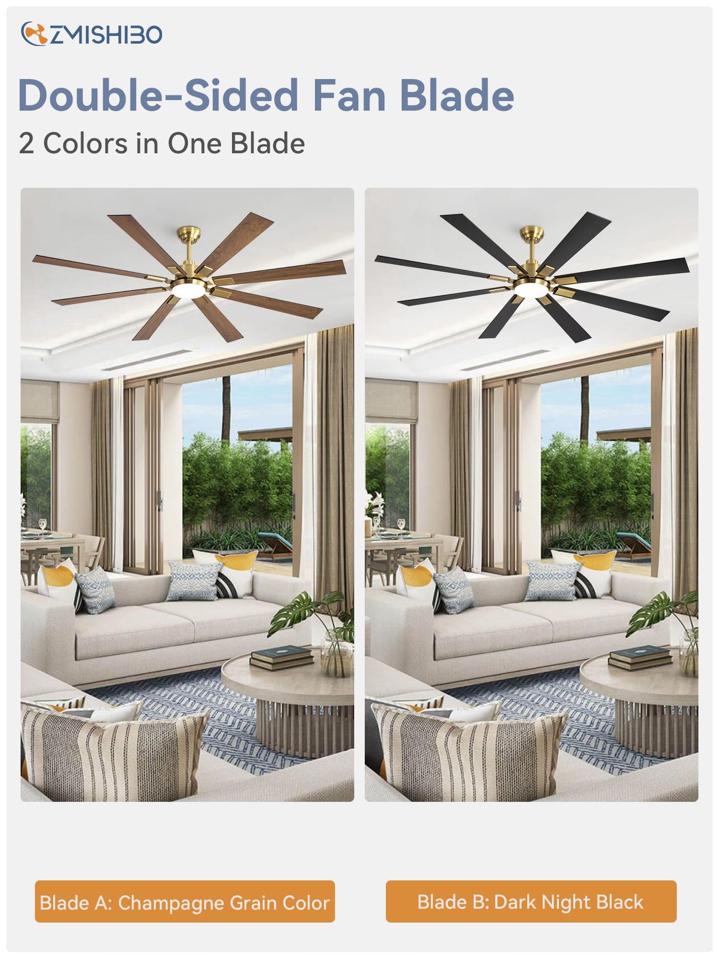 72 inch Large Ceiling Fans with Lights and Remote, Indoor/Outdoor Black Modern Ceiling Fan for Kitchen Living Room Patio, 6 Speed Reversible Quiet DC Motor, 3 CCT, Dual Finish 8 Blades