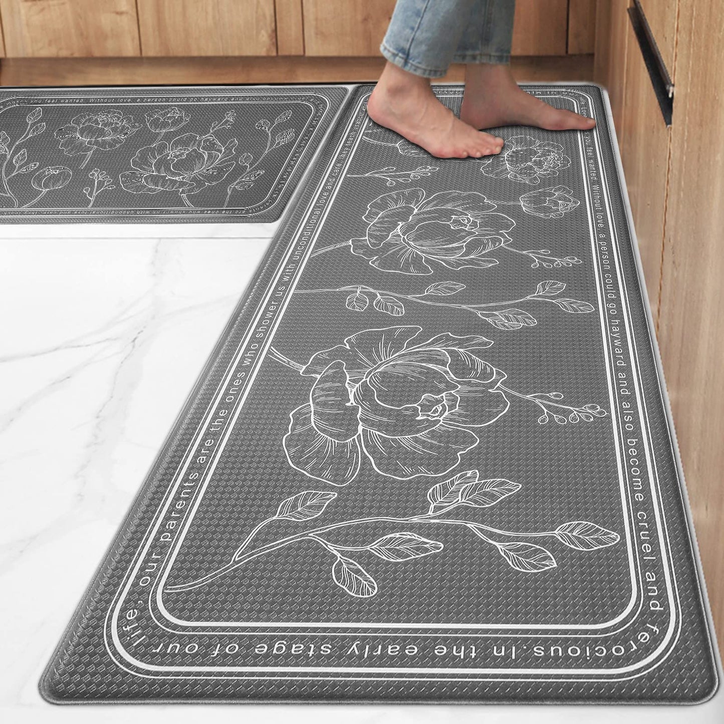 ROTTOGOON Kitchen Floor Mat Set of 2, Cushioned Anti Fatigue Kitchen Mat 17"x47"+17"x29", Non-Slip Waterproof Kitchen Rug, Premium PVC Comfort Kitchen Mats and Rugs for Kitchen, Office, Home, Laundry