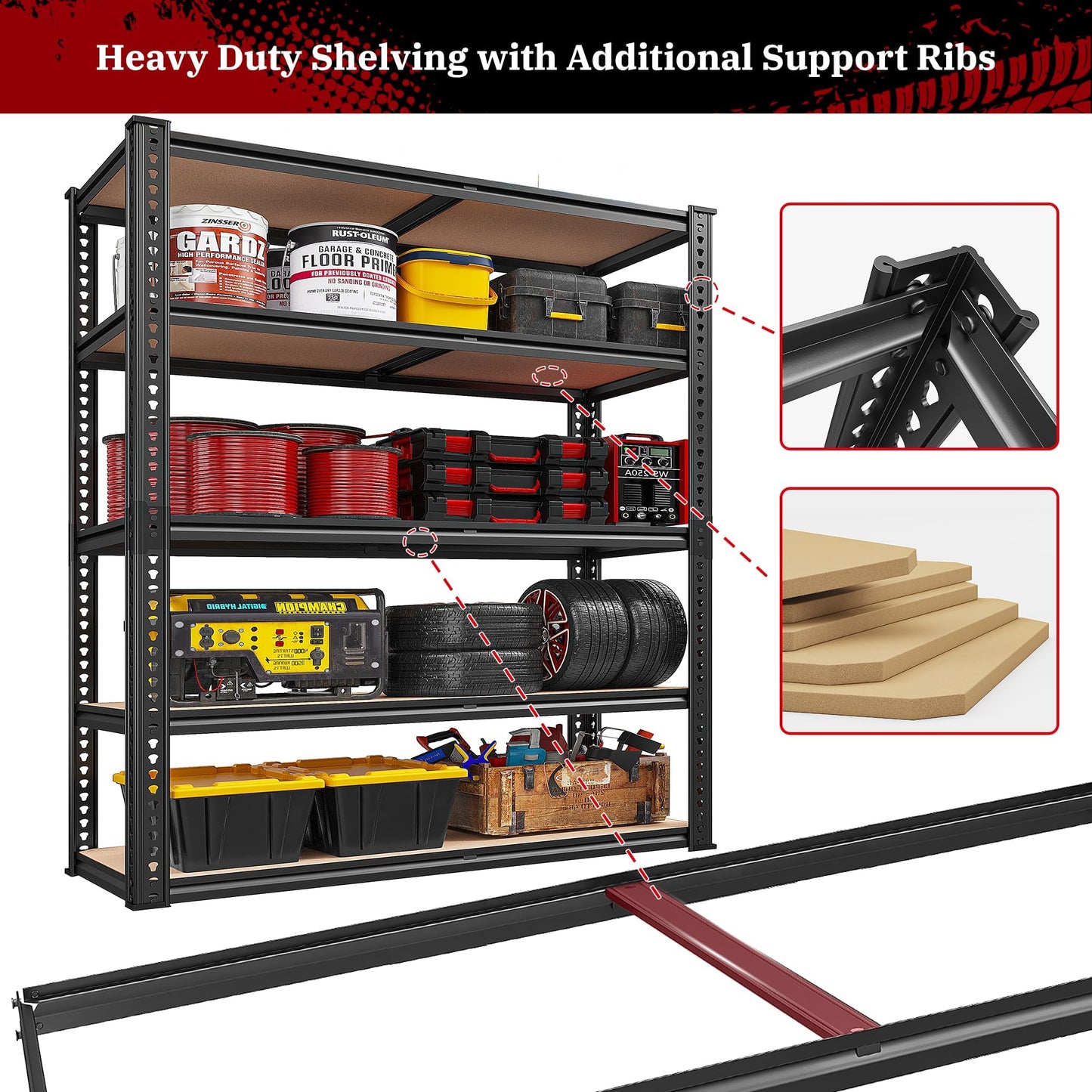 REIBII 2500LBS Garage Shelving 72''H Storage Shelves Heavy Duty Shelving 5 Tier Metal Shelves for Garage Shelves Adjustable Shelving Units and Storage for Closet Pantry Shelf, 72" H x 40" W x 20" D