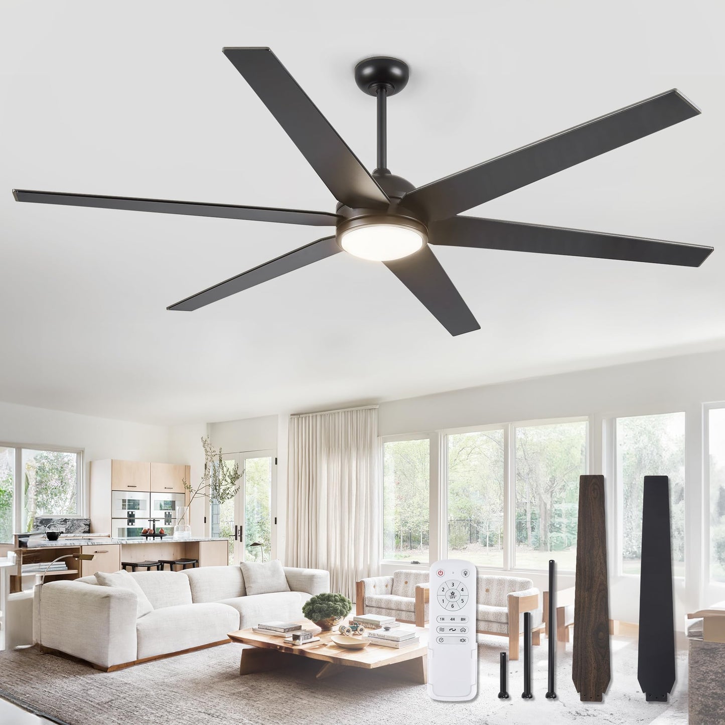 74 Inch Ceiling Fans with Lights and Remote Control, Quiet Reversible DC Motor, 6-Speed, Outdoor Ceiling Fan for Living Room Patio, Black Walnut Finish