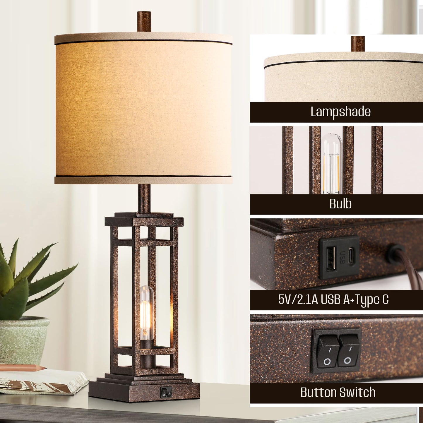 ROTTOGOON 27.5 Tall Farmhouse Table Lamps with USB C + USB A Charge Ports, Rustic Living Room Lamps Set of 2, Black Industrial End Table Lamp for Bedroom Living Room Nightstand (Oil-Rubbed Bronze)