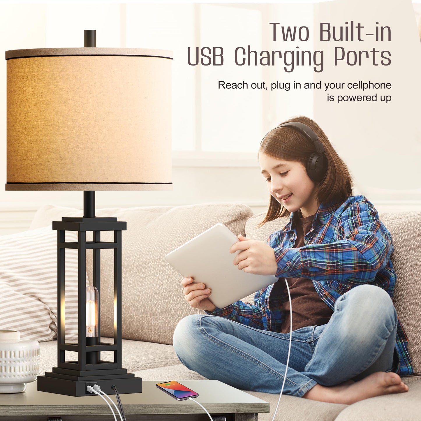 ROTTOGOON 27.5 Tall Farmhouse Table Lamps with USB C + USB A Charge Ports, Rustic Living Room Lamps Set of 2, Black Industrial End Table Lamp for Bedroom Living Room Nightstand (Oil-Rubbed Bronze)