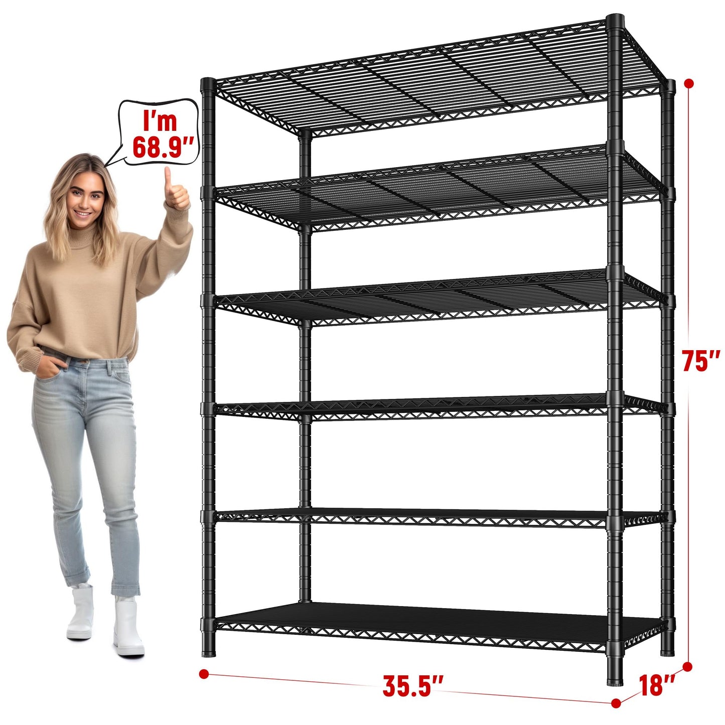 REIBII 5 Tier Wire Shelving,Storage Shelves Metal Shelves for Storage Loads 1200LBS,Adjustable Garage Shelving Heavy Duty Metal Shelving Storage Rack for Pantry Kitchen,71''HX35.5''WX14''D,Chrome