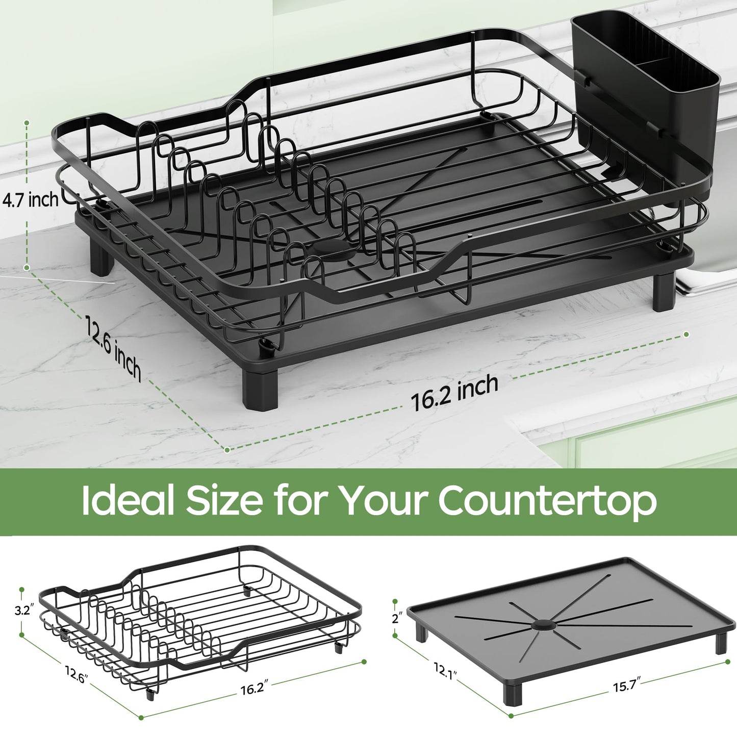 ROTTOGOON Dish Drying Rack, Stainless Steel Rustproof Dish Rack for Kitchen Counter, Sturdy Dish Drainer with Drainboard, Drainage, Utensil Holder for Various Kitchenware, 16.2"(L) x 12.6"(W), Black