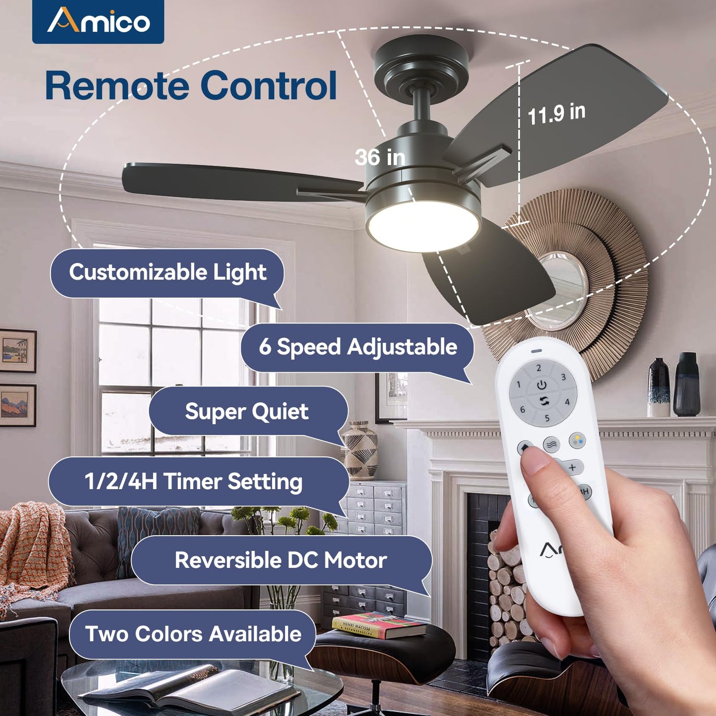 Amico Ceiling Fans with Lights, 44 inch Ceiling Fan with Light and Remote Control, Reversible, 3CCT, Dimmable, Noiseless, Small Black Ceiling Fan for Bedroom, Indoor/Outdoor Use