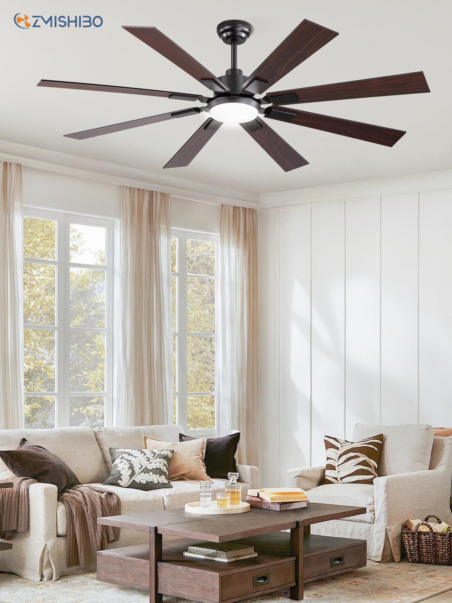 72 inch Large Ceiling Fans with Lights and Remote, Indoor/Outdoor Black Modern Ceiling Fan for Kitchen Living Room Patio, 6 Speed Reversible Quiet DC Motor, 3 CCT, Dual Finish 8 Blades