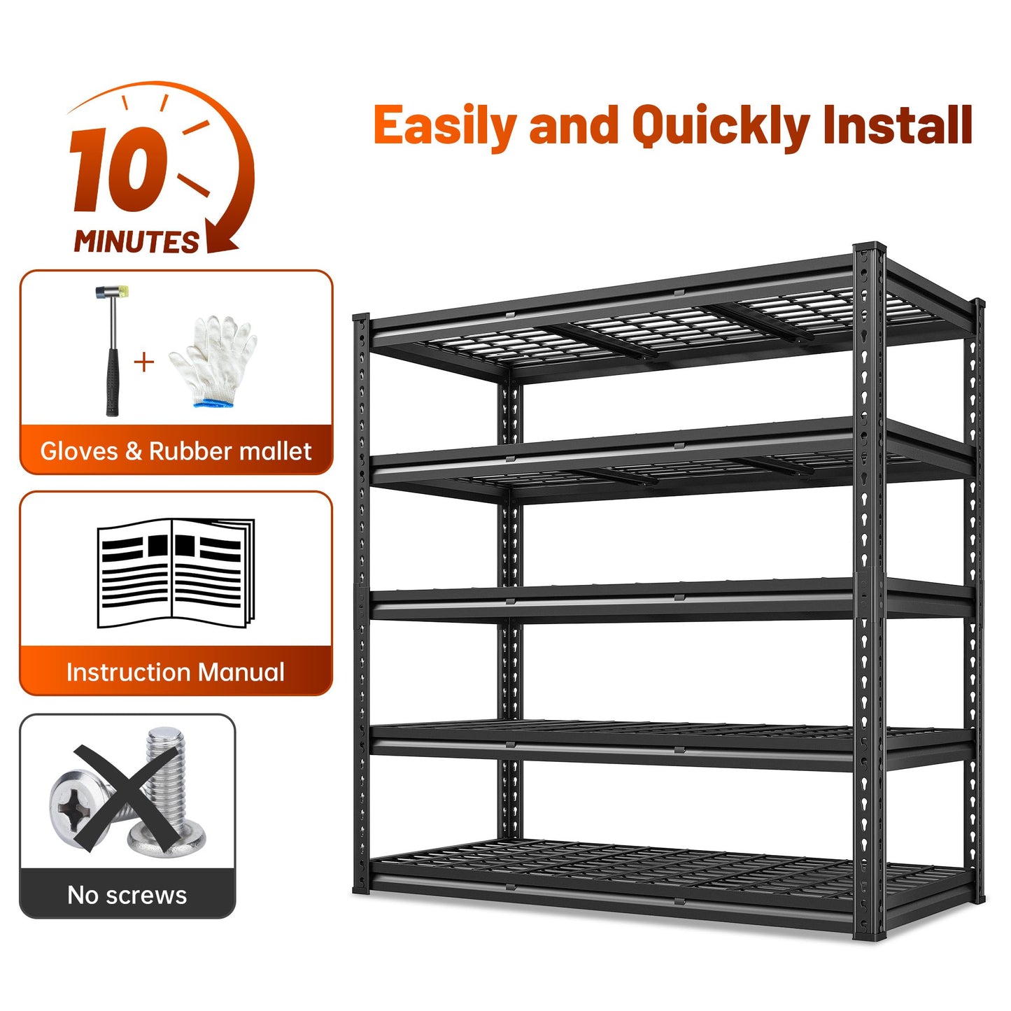 REIBII 48" W Garage Shelving 3000LBS Heavy Duty Storage Shelves, 5 Tier Adjustable Metal Shelves for Storage Rack Industrial Utility Shelf, Garage Storage Shelving Unit, 48" W x 24" D x 72" H