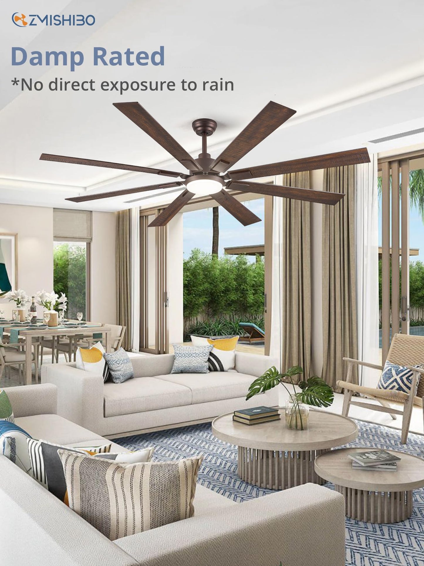 72 inch Large Ceiling Fans with Lights and Remote, Indoor/Outdoor Black Modern Ceiling Fan for Kitchen Living Room Patio, 6 Speed Reversible Quiet DC Motor, 3 CCT, Dual Finish 8 Blades