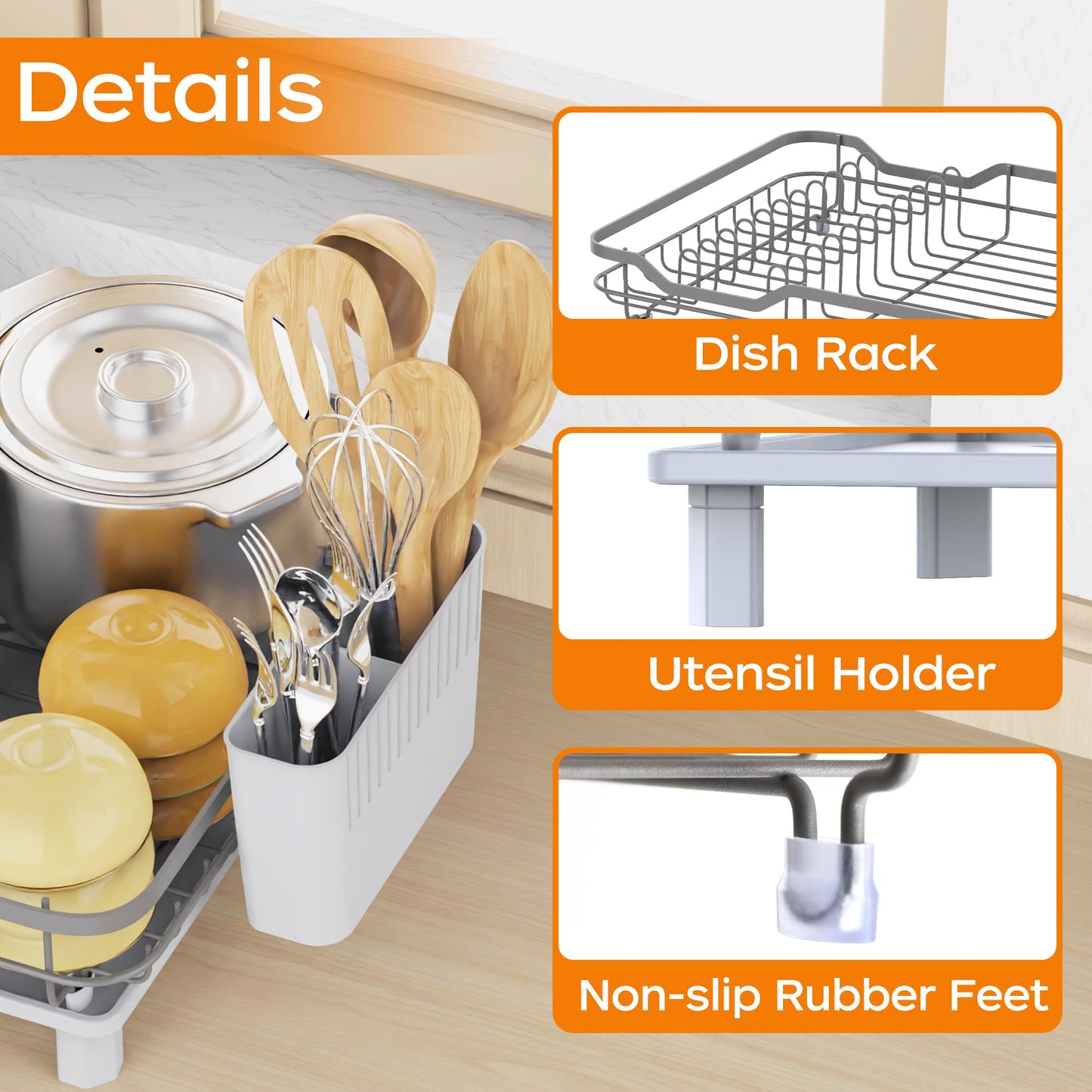 ROTTOGOON Dish Drying Rack, Stainless Steel Rustproof Dish Rack for Kitchen Counter, Sturdy Dish Drainer with Drainboard, Drainage, Utensil Holder for Various Kitchenware, 16.2"(L) x 12.6"(W), Black