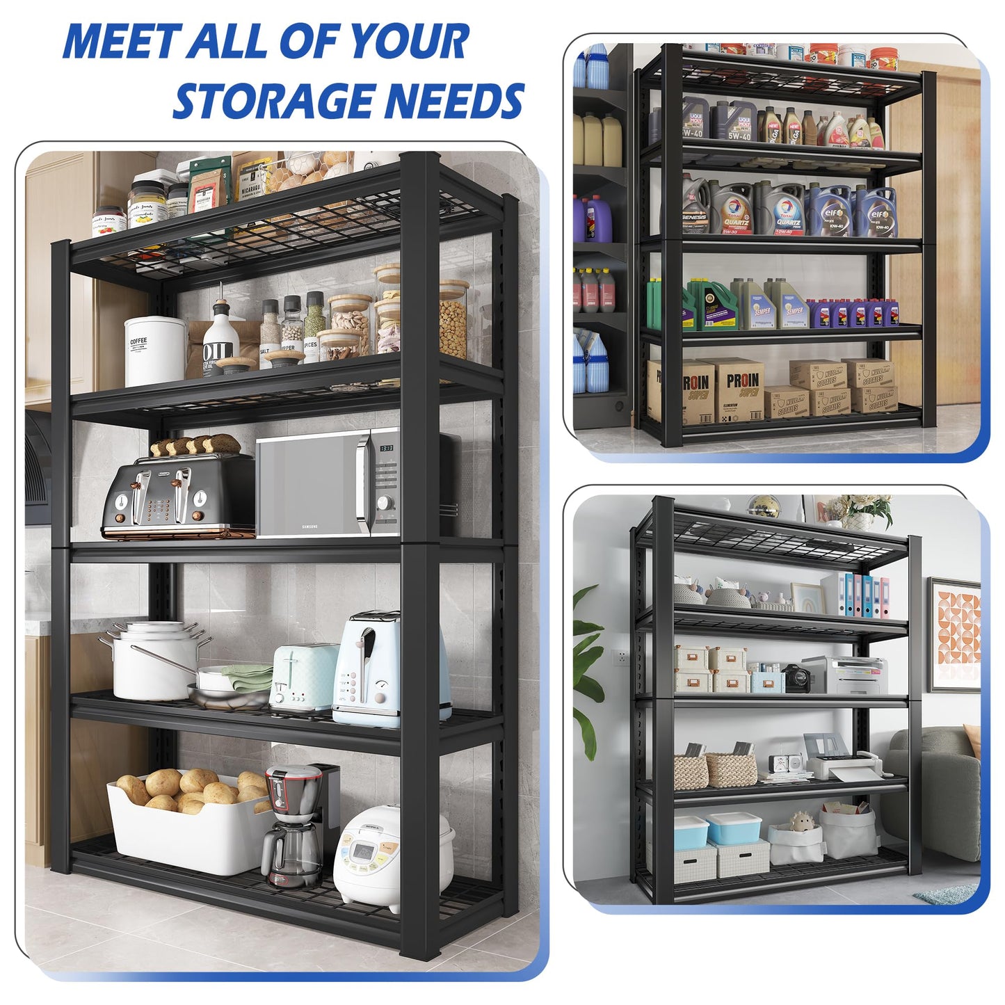 REIBII 3010LBS Storage Shelves,72"H Garage Shelving Heavy Duty Shelving Units and Storage, 5 Tier Wire Shelving Adjustable Metal Shelving for Garage Shelves, Utility Shelf Rack, 72"H*35.5" W*16" Black