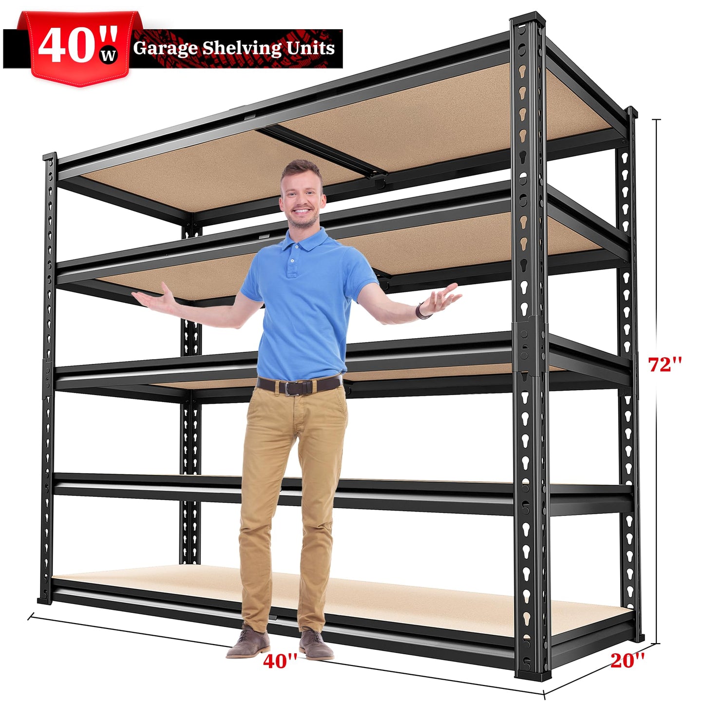 REIBII 2500LBS Garage Shelving 72''H Storage Shelves Heavy Duty Shelving 5 Tier Metal Shelves for Garage Shelves Adjustable Shelving Units and Storage for Closet Pantry Shelf, 72" H x 40" W x 20" D