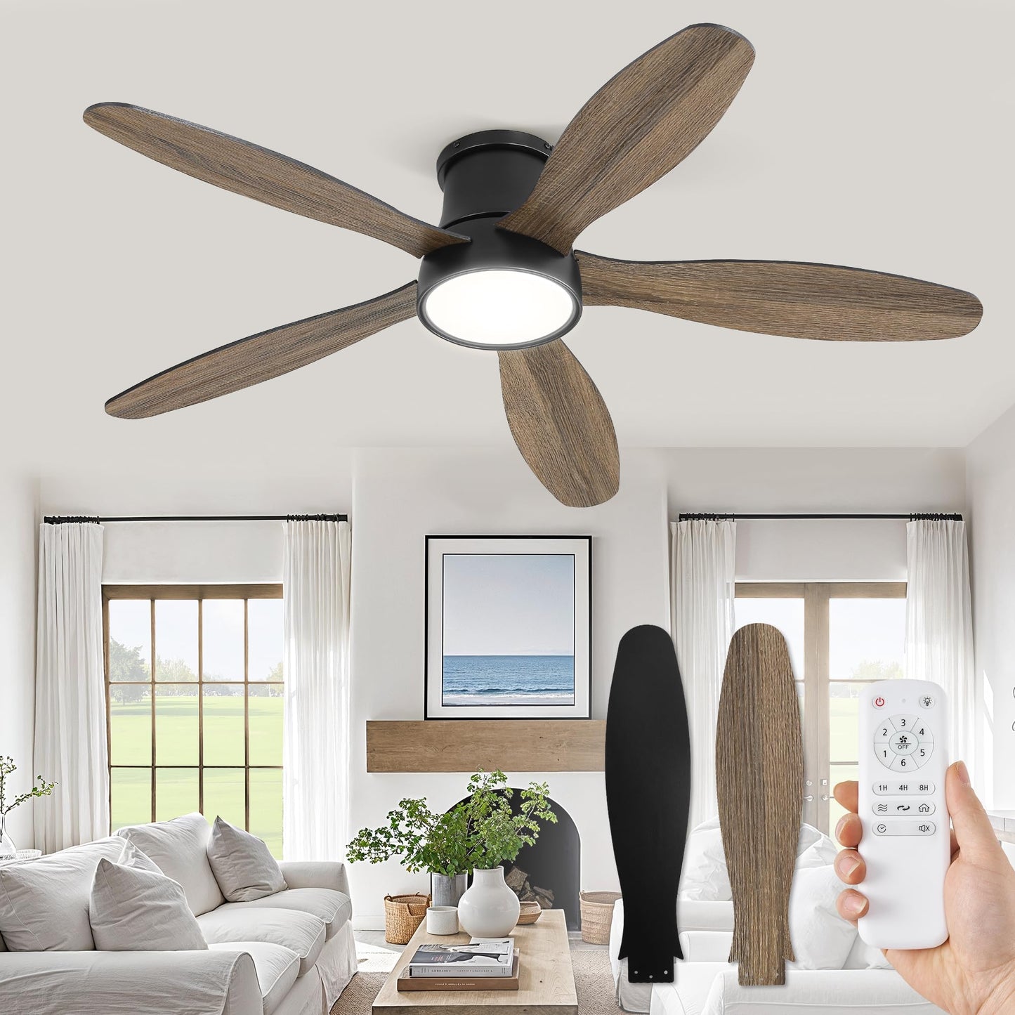 52 Inch Ceiling Fans with Lights, Flush Mount Low Profile Ceiling Fan with Remote, Reversible, 3CCT, Noiseless, LED Ceiling Fan Lighting Fixture for Bedroom, Kitchen, Indoor-Black