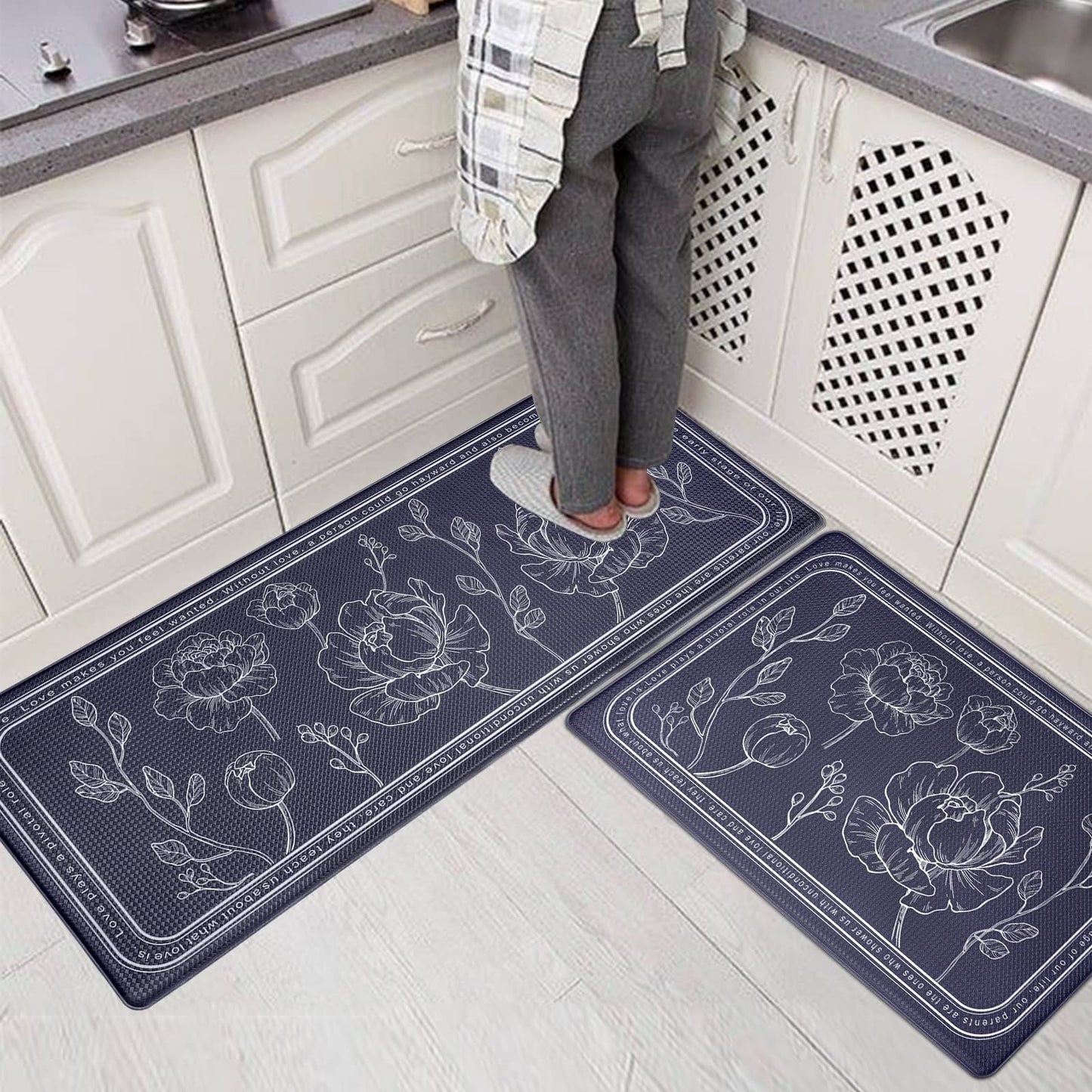 ROTTOGOON Kitchen Floor Mat Set of 2, Cushioned Anti Fatigue Kitchen Mat 17"x47"+17"x29", Non-Slip Waterproof Kitchen Rug, Premium PVC Comfort Kitchen Mats and Rugs for Kitchen, Office, Home, Laundry