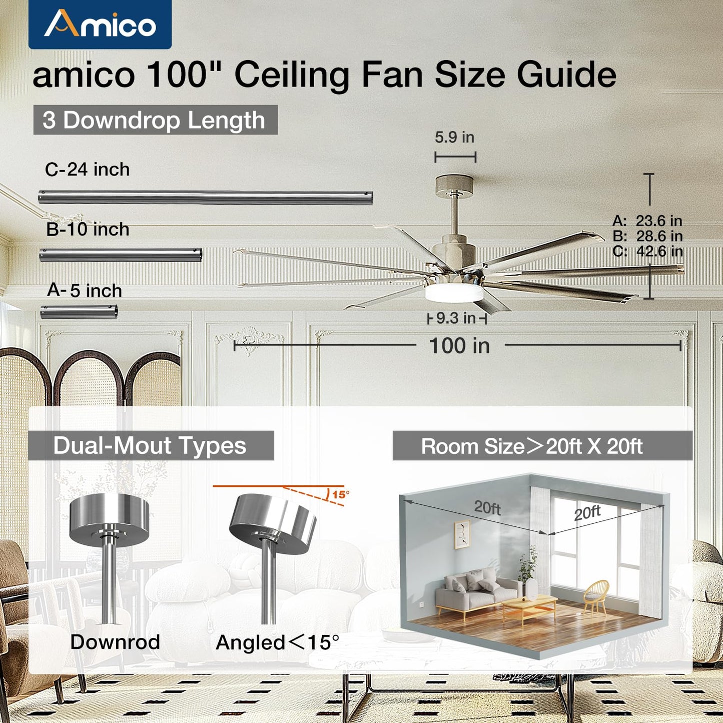 Amico 100 Inch Ceiling Fan with Light, Industrial Large Ceiling Fan with 8 Aluminum Reversible Blades, 6-Speed Remote Control, Quiet DC Motor, Indoor/Outdoor Ceiling Fan for Porch/Garage/Shop, Nickel