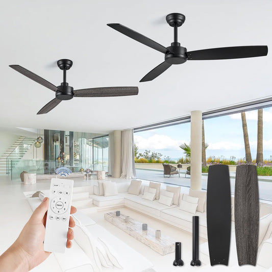 2 Pack 52 Inch Outdoor Ceiling Fans with Remote, Black Ceiling Fan No light with Quiet Reversible DC Motor, 6 Speeds, 3 Blade Modern Ceiling Fans for Patio Living Room Bedroom Indoor