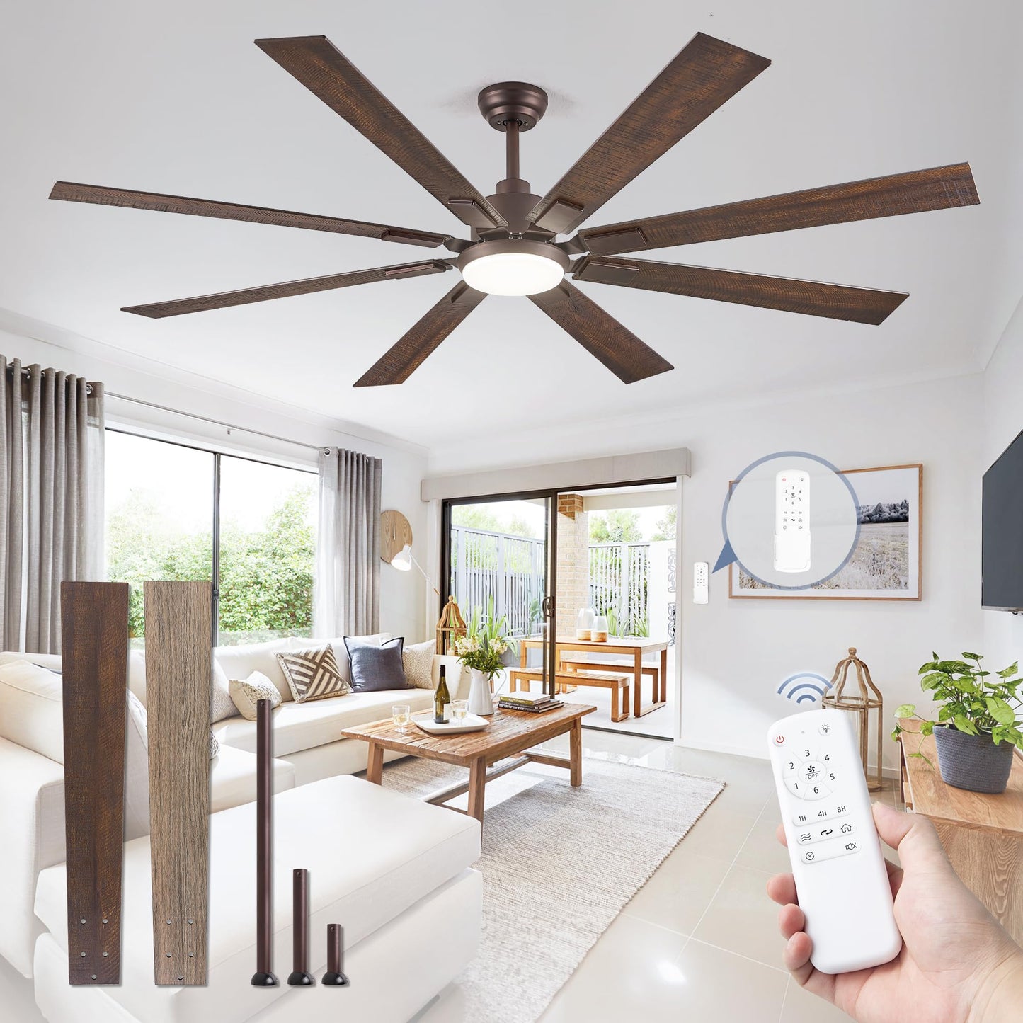 72 inch Large Ceiling Fans with Lights and Remote, Indoor/Outdoor Black Modern Ceiling Fan for Kitchen Living Room Patio, 6 Speed Reversible Quiet DC Motor, 3 CCT, Dual Finish 8 Blades