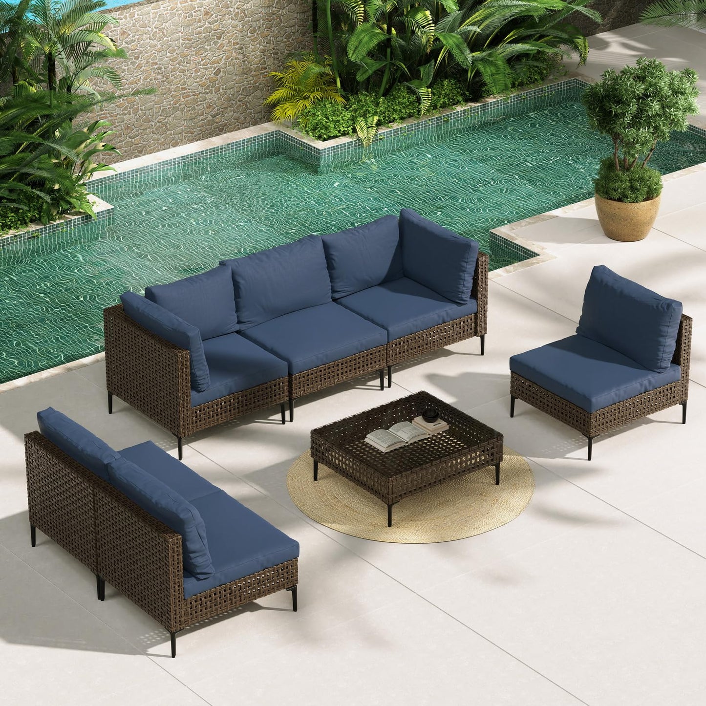 Grand patio 7-Piece Wicker Patio Furniture Set, Boho Outdoor Conversation Set Sectional Sofa with Water Resistant Thick Cushions and Coffee Table, Beige