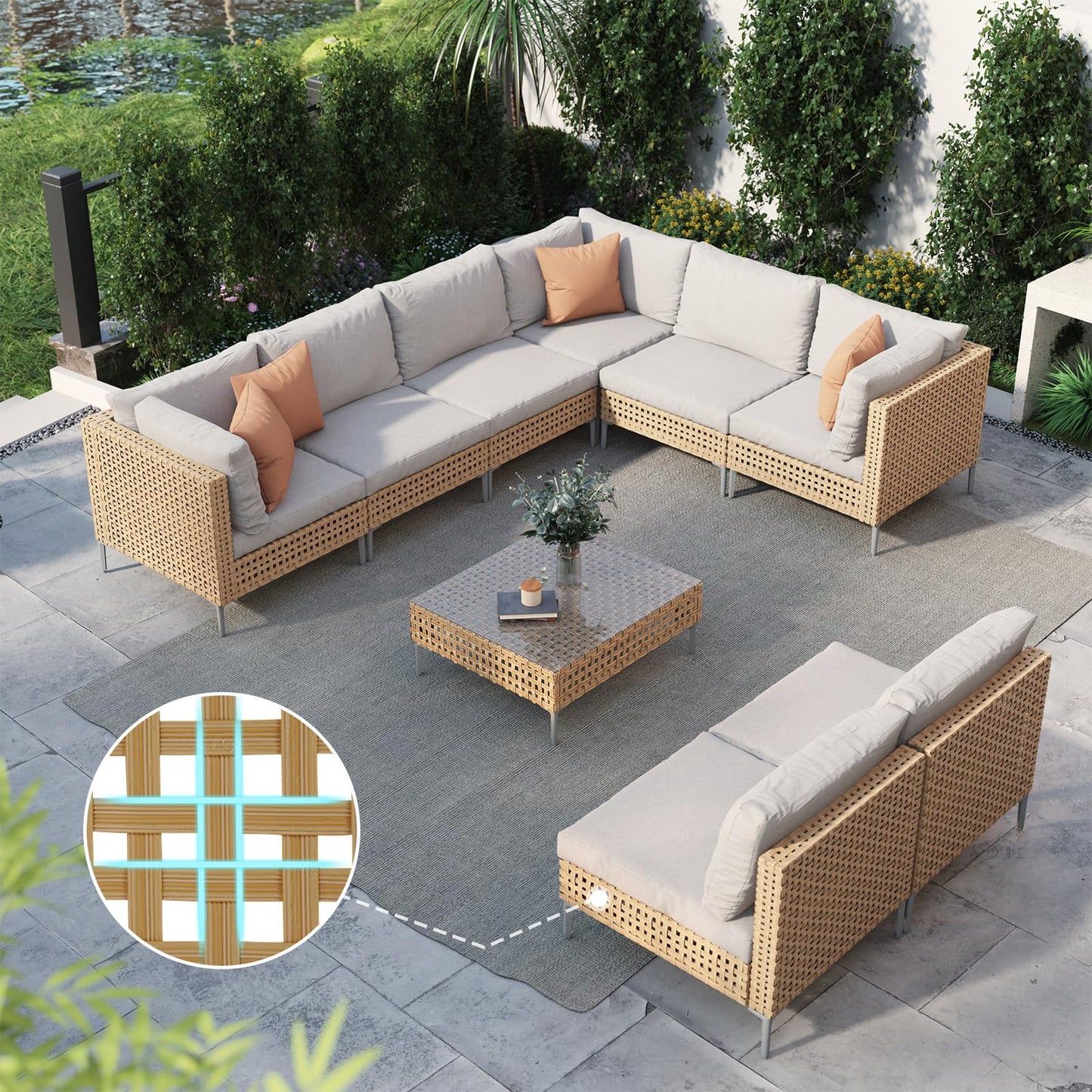 Grand patio 7-Piece Wicker Patio Furniture Set, Boho Outdoor Conversation Set Sectional Sofa with Water Resistant Thick Cushions and Coffee Table, Beige