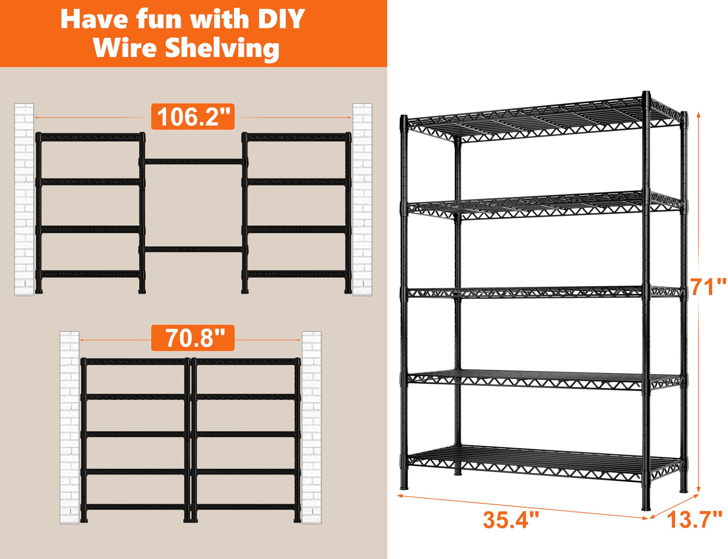 REIBII 5 Tier Wire Shelving,Storage Shelves Metal Shelves for Storage Loads 1200LBS,Adjustable Garage Shelving Heavy Duty Metal Shelving Storage Rack for Pantry Kitchen,71''HX35.5''WX14''D,Chrome