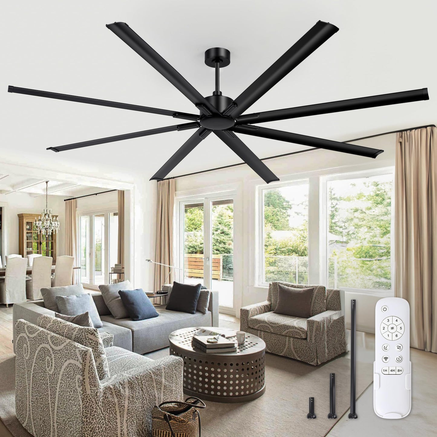 96 Inch Industrial DC Motor Ceiling Fan, Large Ceiling Fan with 8 Reversible Blades, 3 Downrods, 6-Speed Remote Control, Home or Commercial Ceiling Fans for Porch/Garage/Shop, Black