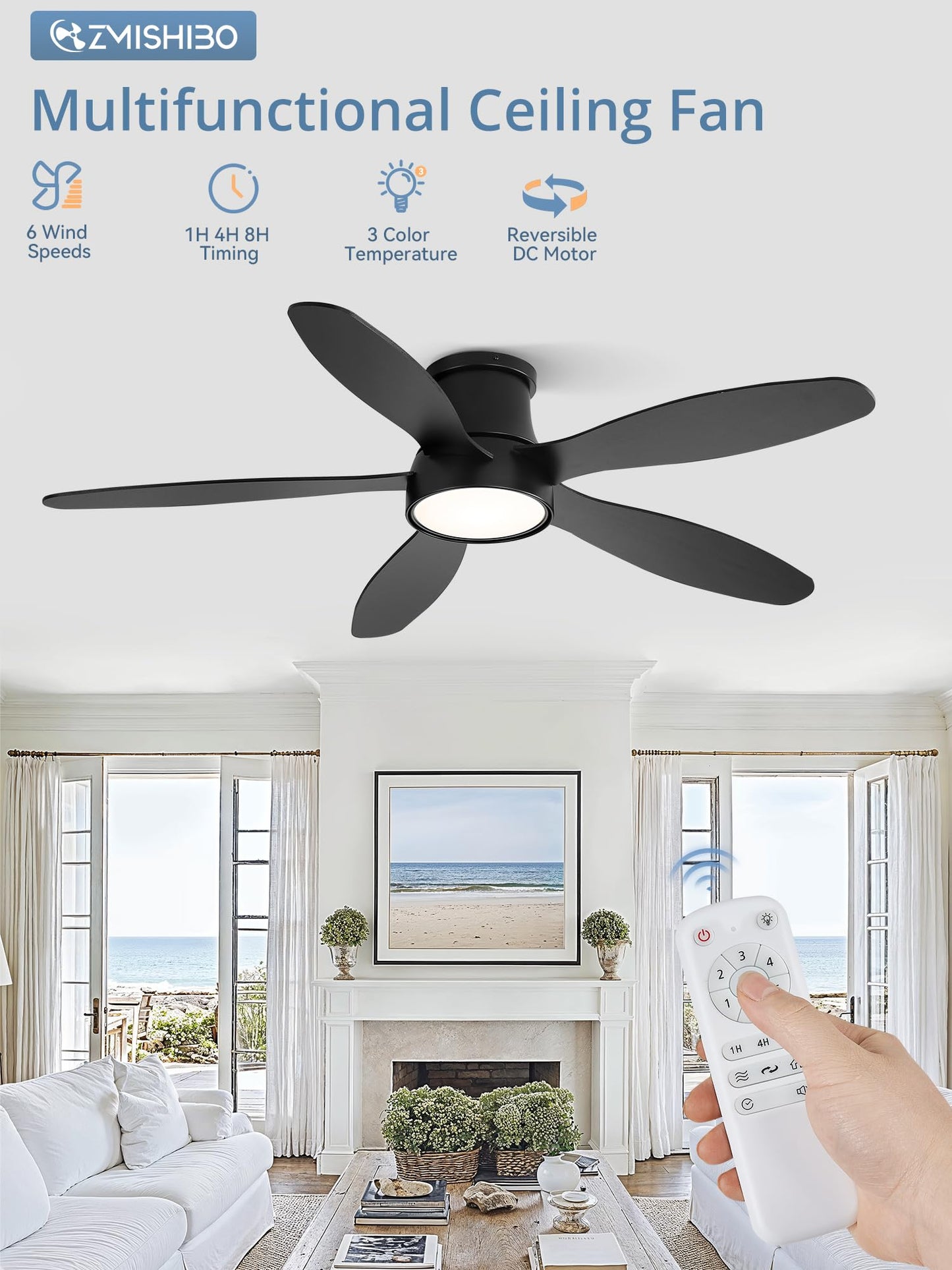 52 Inch Ceiling Fans with Lights, Flush Mount Low Profile Ceiling Fan with Remote, Reversible, 3CCT, Noiseless, LED Ceiling Fan Lighting Fixture for Bedroom, Kitchen, Indoor-Black