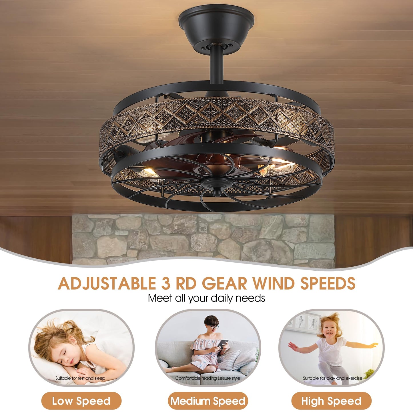 Low Profile Caged Ceiling Fans with Lights and Remote (Bulbs not Included)