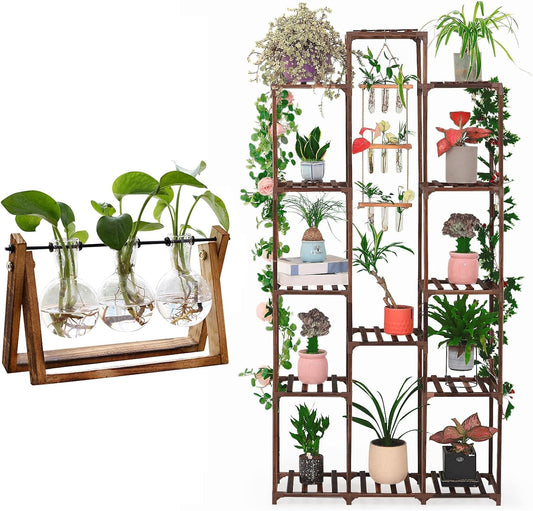 XXXFLOWER Plant Terrarium with Wooden Stand, Air Planter Bulb Glass Vase Metal Swivel Holder Retro Tabletop Plant Stand Indoor Outdoor 13 Tiers for Window Garden Balcony Patio Porch Living Room