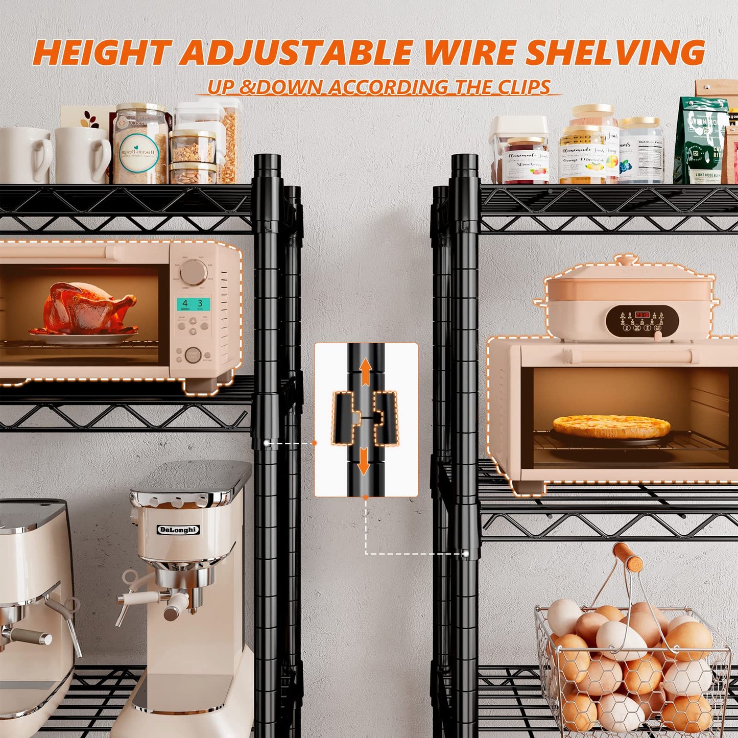 REIBII 5 Tier Wire Shelving,Storage Shelves Metal Shelves for Storage Loads 1200LBS,Adjustable Garage Shelving Heavy Duty Metal Shelving Storage Rack for Pantry Kitchen,71''HX35.5''WX14''D,Chrome