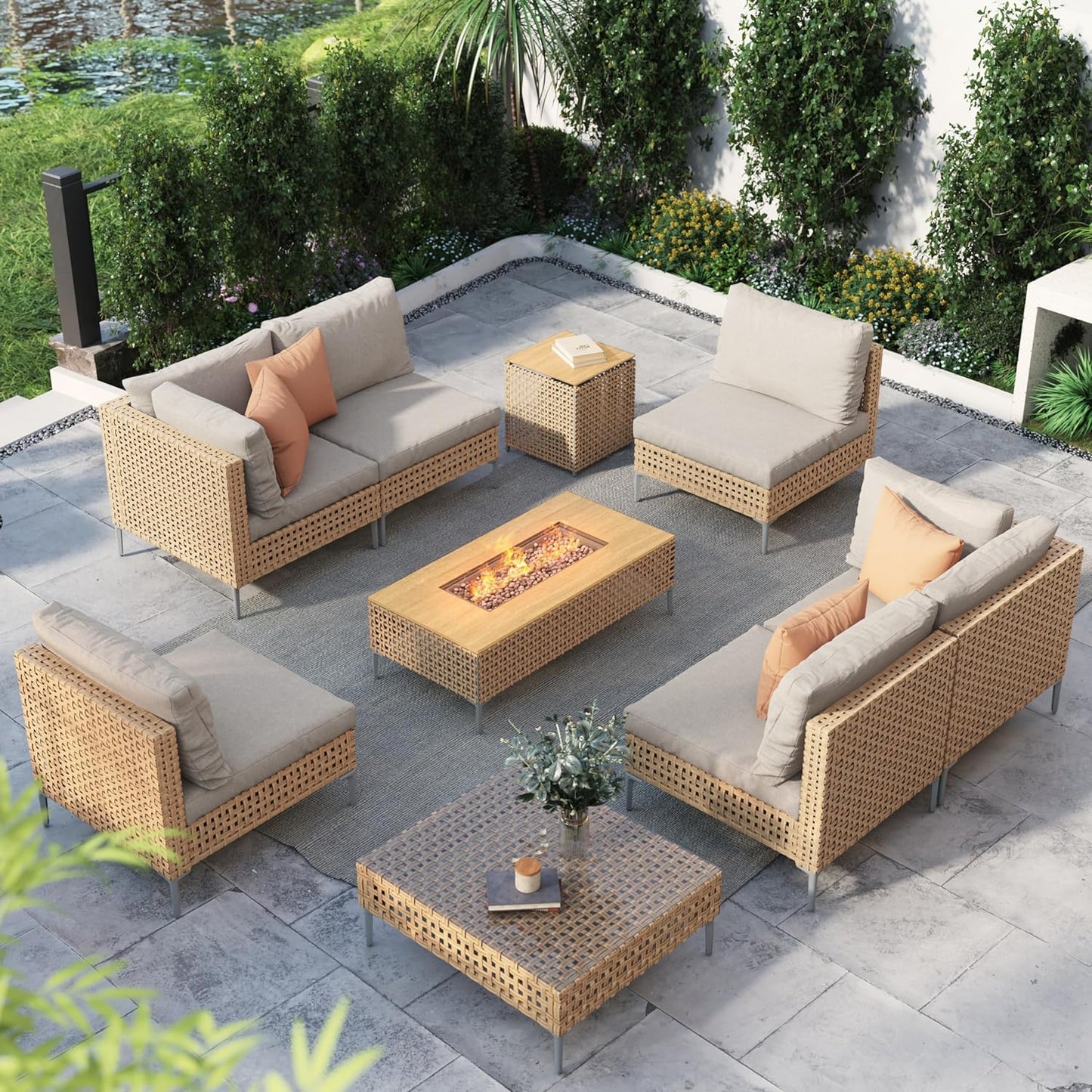 Grand patio 7-Piece Wicker Patio Furniture Set, Boho Outdoor Conversation Set Sectional Sofa with Water Resistant Thick Cushions and Coffee Table, Beige