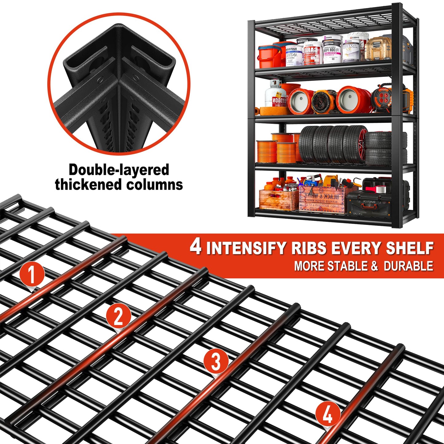 REIBII 48" W Garage Shelving 3000LBS Heavy Duty Storage Shelves, 5 Tier Adjustable Metal Shelves for Storage Rack Industrial Utility Shelf, Garage Storage Shelving Unit, 48" W x 24" D x 72" H