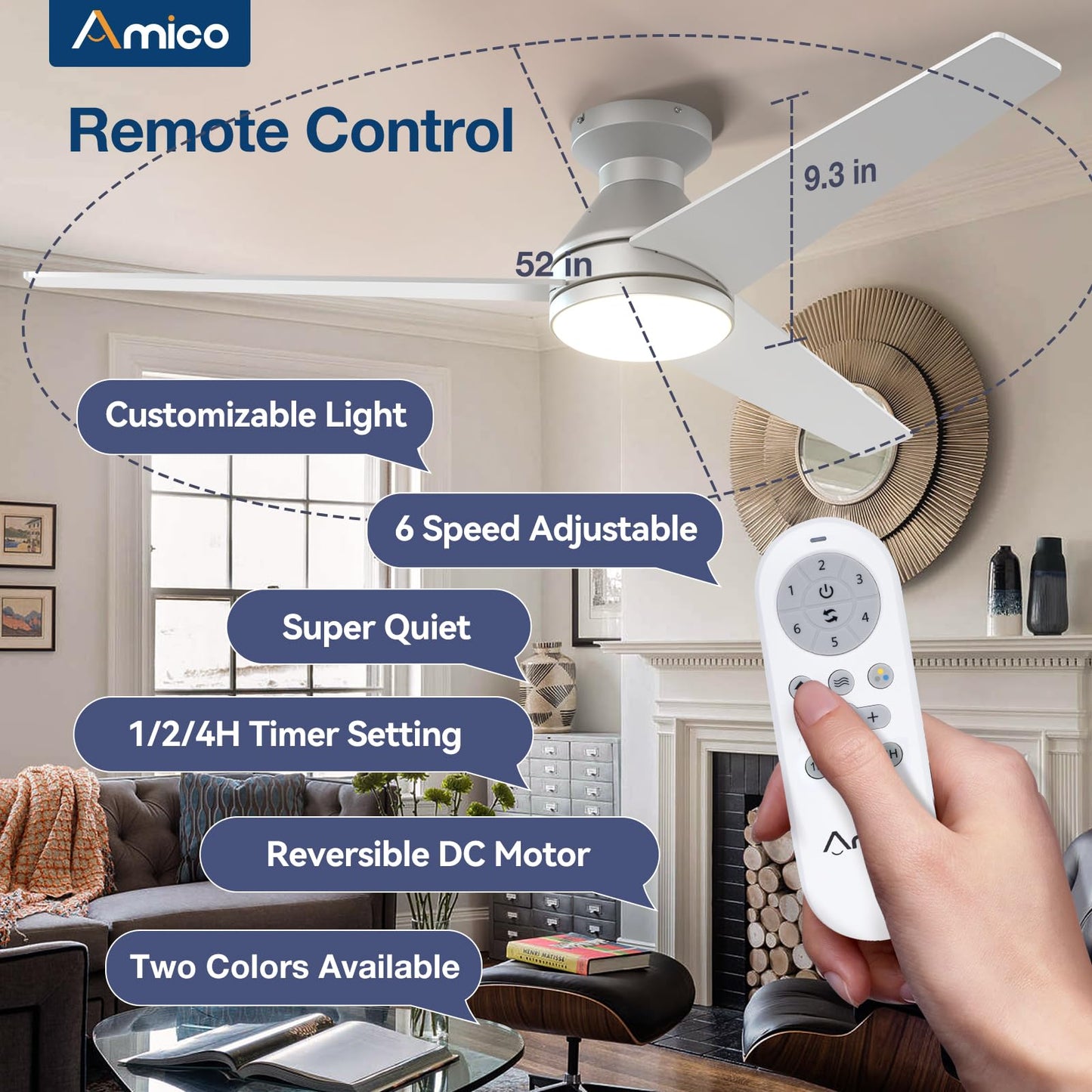 Amico Ceiling Fans with Lights, 42 inch Low Profile Ceiling Fan with Light and Remote Control, Flush Mount, Reversible, 3CCT, Dimmable, Noiseless, Black Ceiling Fan for Bedroom, Indoor/Outdoor Use