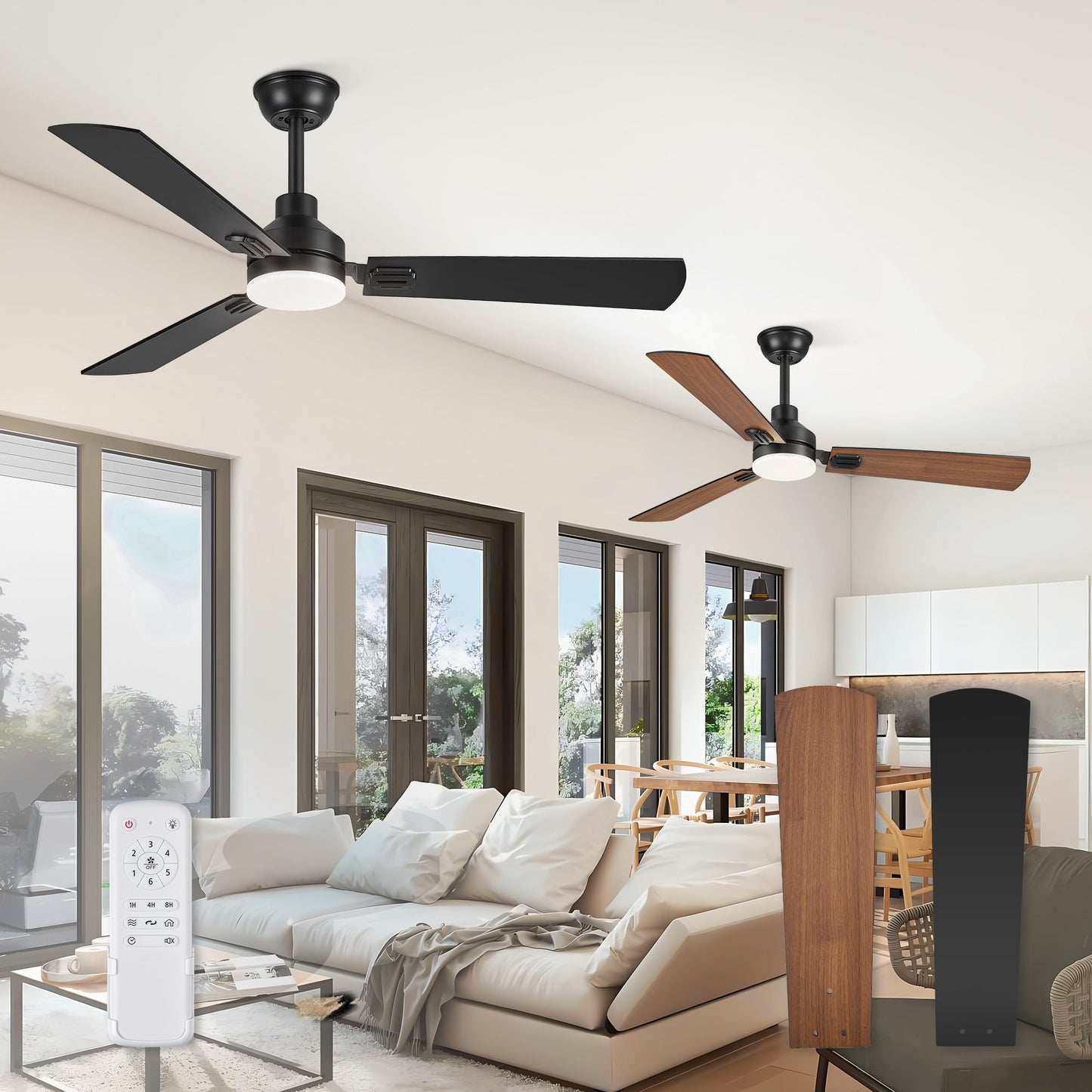 52 Inch Ceiling Fan with Light, 3 Blade LED Ceiling Fans with Remote, Quiet Reversible DC Motor, Dual Finish Blades, Farmhouse Ceiling Fans for Indoor&Outdoor, Bedroom, Kitchen