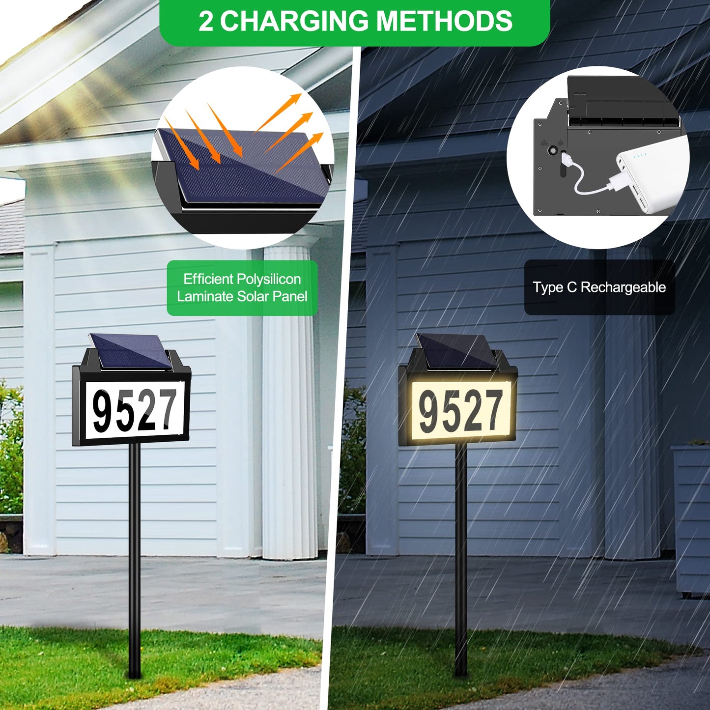 Solar Power Address Sign, House Numbers for Outside Rechargeable LED Illuminated Lighted Address Signs with Outdoor Waterproof, Address Plaque with 3 Color Temperature for Street Yard Home, Black