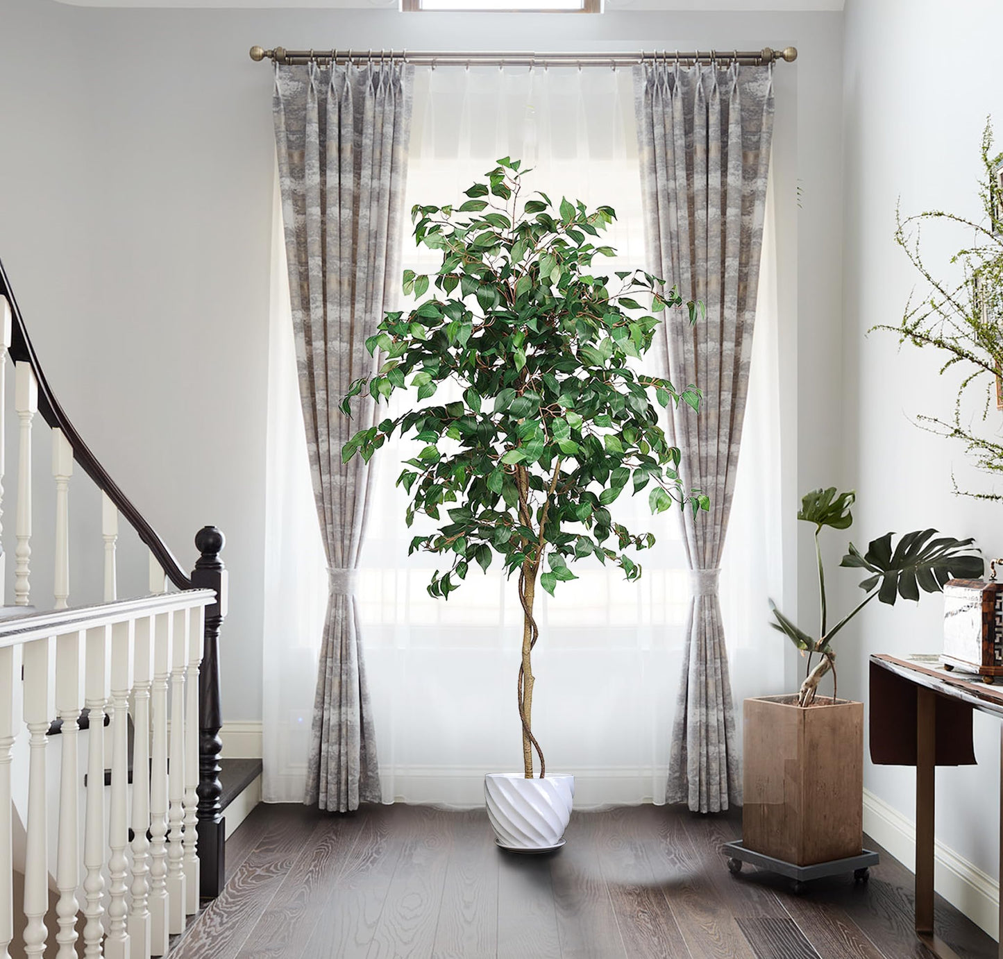 Artificial Ficus Tree, 6FT Tall Fake Ficus Silk Tree with Plastic Nursery Pot, Faux Ficus Tree with Realistic Vines and Leaves, Artificial Plants Indoor for Living Room Balcony Corner Decor