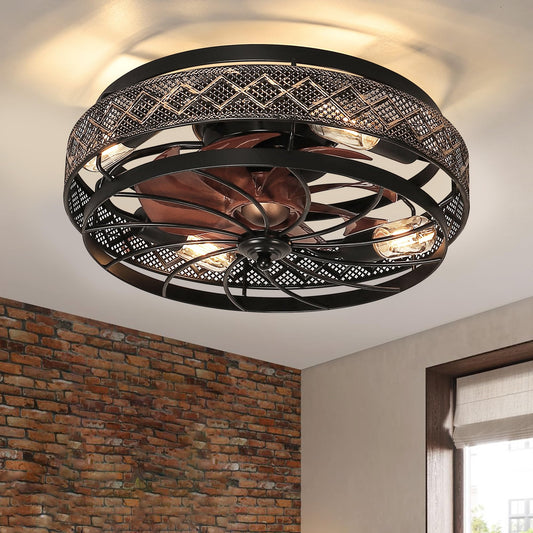 Low Profile Caged Ceiling Fans with Lights and Remote (Bulbs not Included)