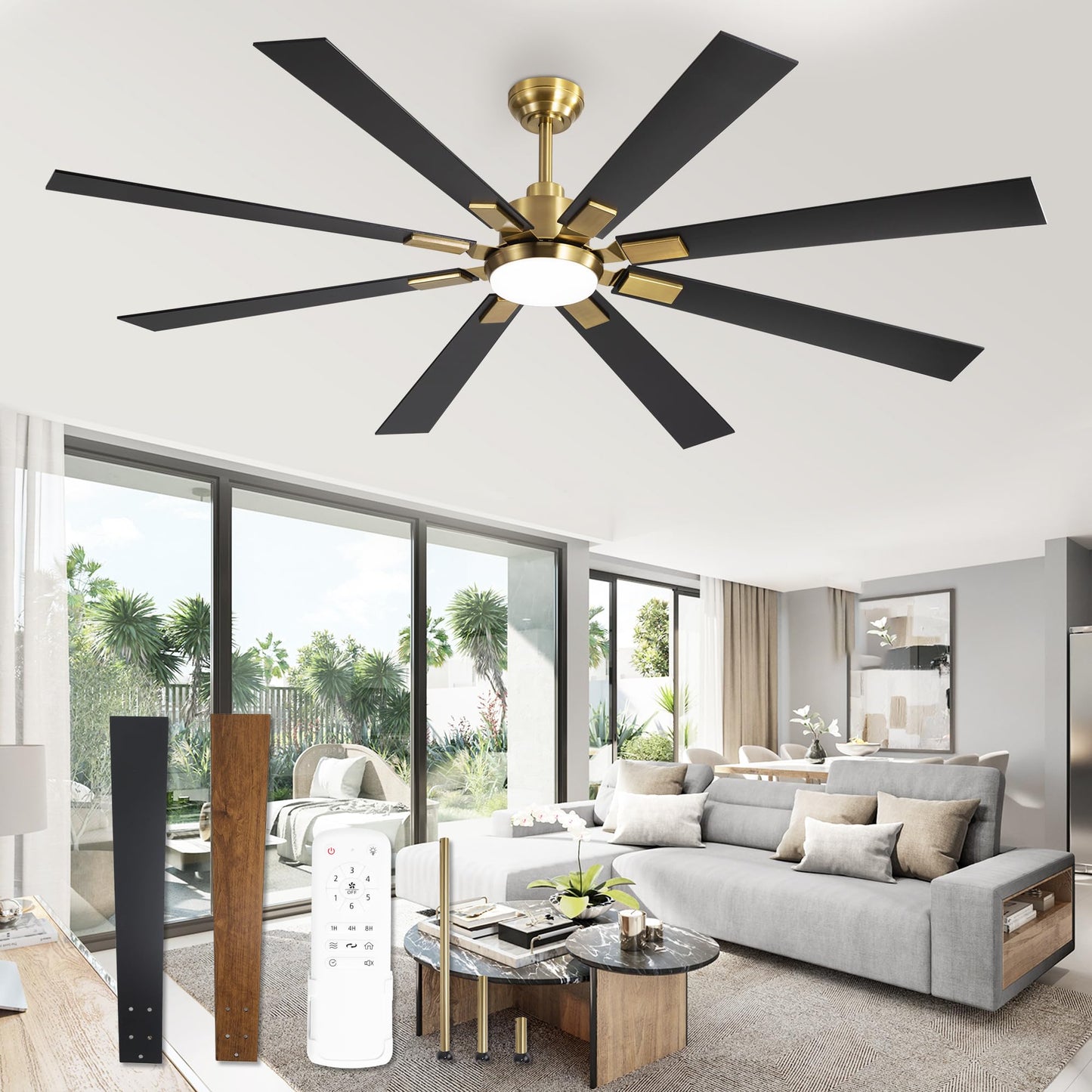 72 inch Large Ceiling Fans with Lights and Remote, Indoor/Outdoor Black Modern Ceiling Fan for Kitchen Living Room Patio, 6 Speed Reversible Quiet DC Motor, 3 CCT, Dual Finish 8 Blades