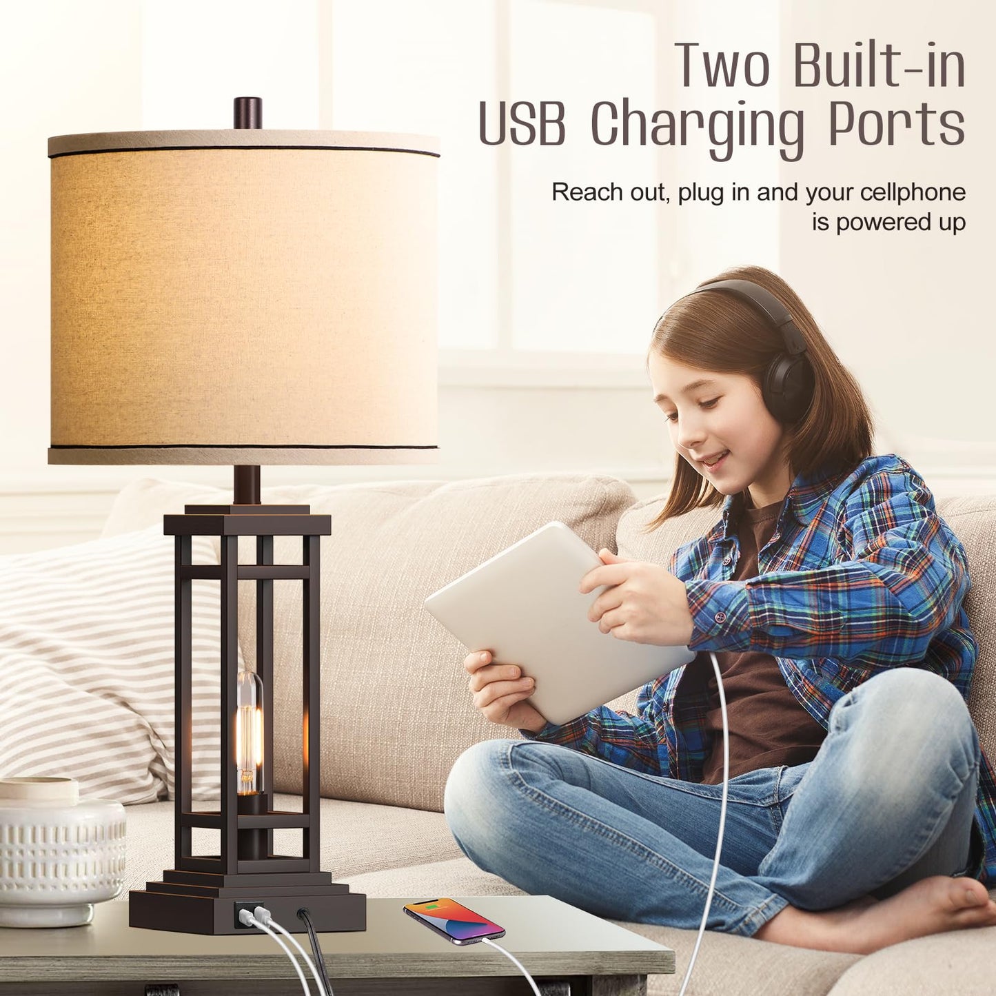 ROTTOGOON 27.5 Tall Farmhouse Table Lamps with USB C + USB A Charge Ports, Rustic Living Room Lamps Set of 2, Black Industrial End Table Lamp for Bedroom Living Room Nightstand (Oil-Rubbed Bronze)