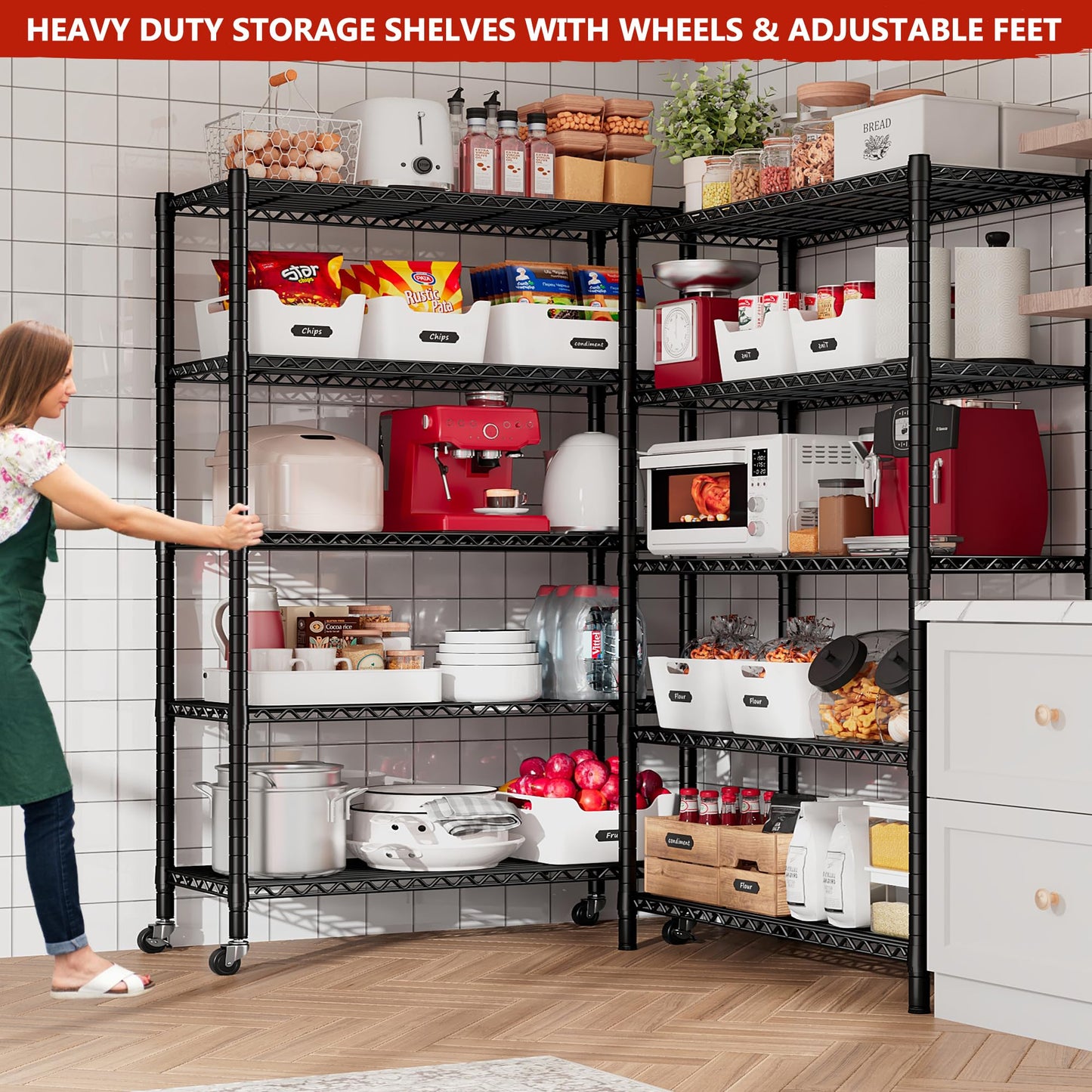 REIBII 5 Tier Wire Shelving,Storage Shelves Metal Shelves for Storage Loads 1200LBS,Adjustable Garage Shelving Heavy Duty Metal Shelving Storage Rack for Pantry Kitchen,71''HX35.5''WX14''D,Chrome