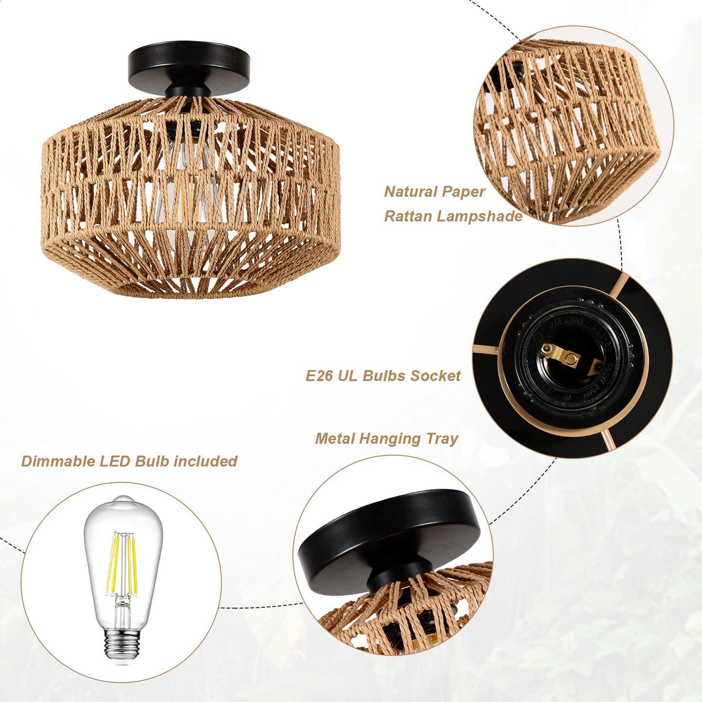 Light Fixtures Ceiling Mount,Mini Rattan Chandelier Light Fixture with Dimmable LED Bulb