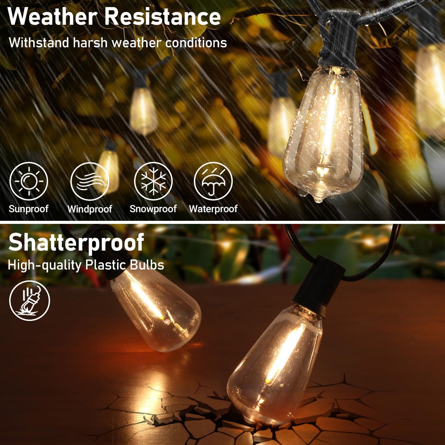 Solar Outdoor String Lights Waterproof, 100FT Solar Powered String Lights for Outside with 52 Shatterproof Bulbs, Dimmable ST38 LED Lights String, Patio Hanging Lights for Backyard Garden Party