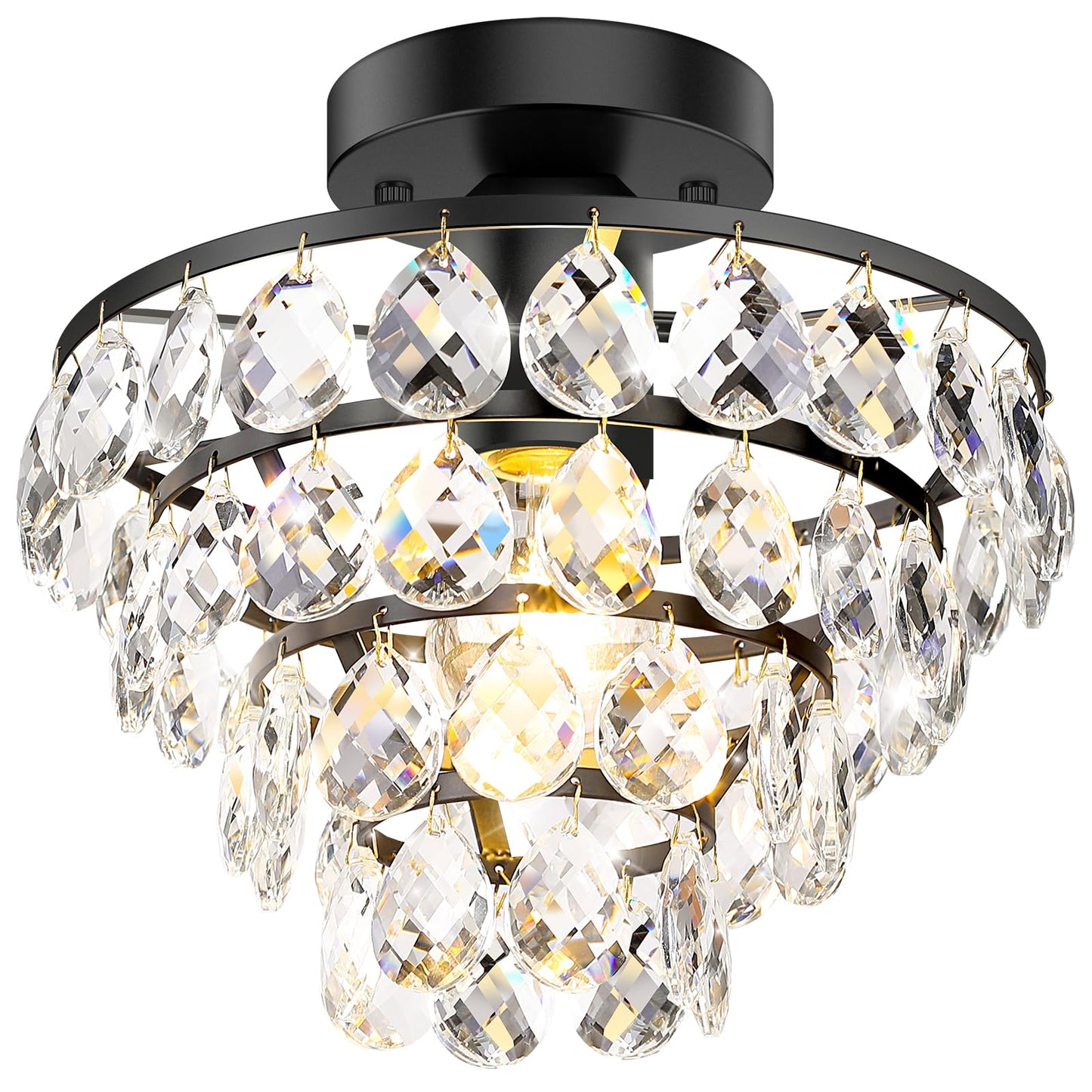 Modern Crystal Ceiling Light - Black Semi Flush Mount Small Chandelier with E26 Base Farmhouse Lighting Fixture for Bedroom Bathroom Closet Living Room Hallway Entryway Kitchen